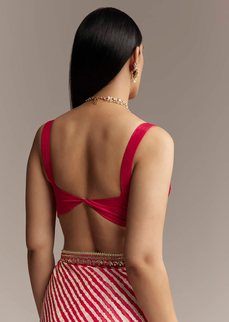 Off White And Red Striped Chinnon Saree With Gota Work - Image 8