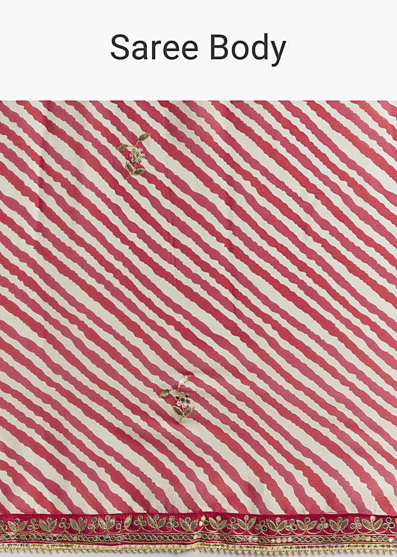 Off White And Red Striped Chinnon Saree With Gota Work - Image 9