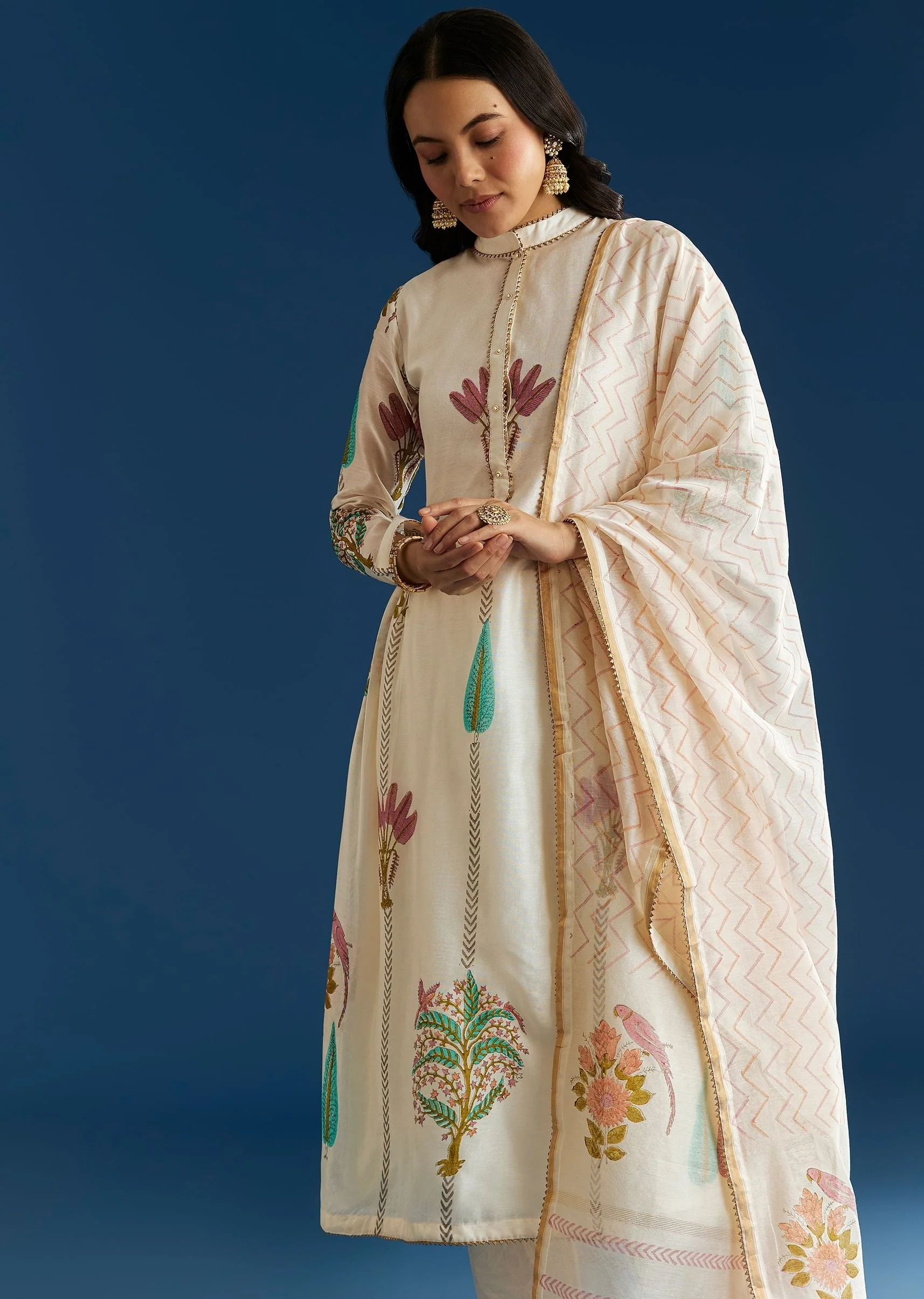 Off White Block Print Anarkali With Gotta Lace Neckline And Dupatta - Image 3