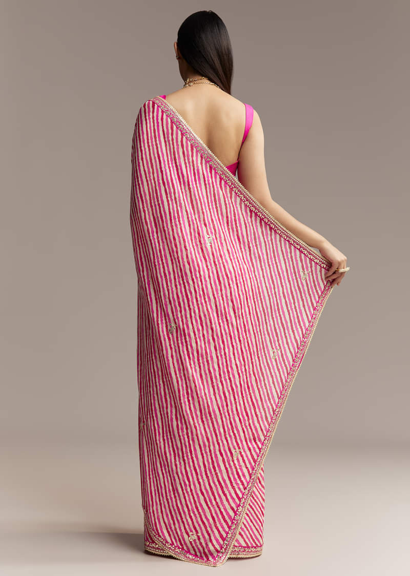 Off White Chinnon Saree With Pink Striped Print And Gota Detailing - Image 4