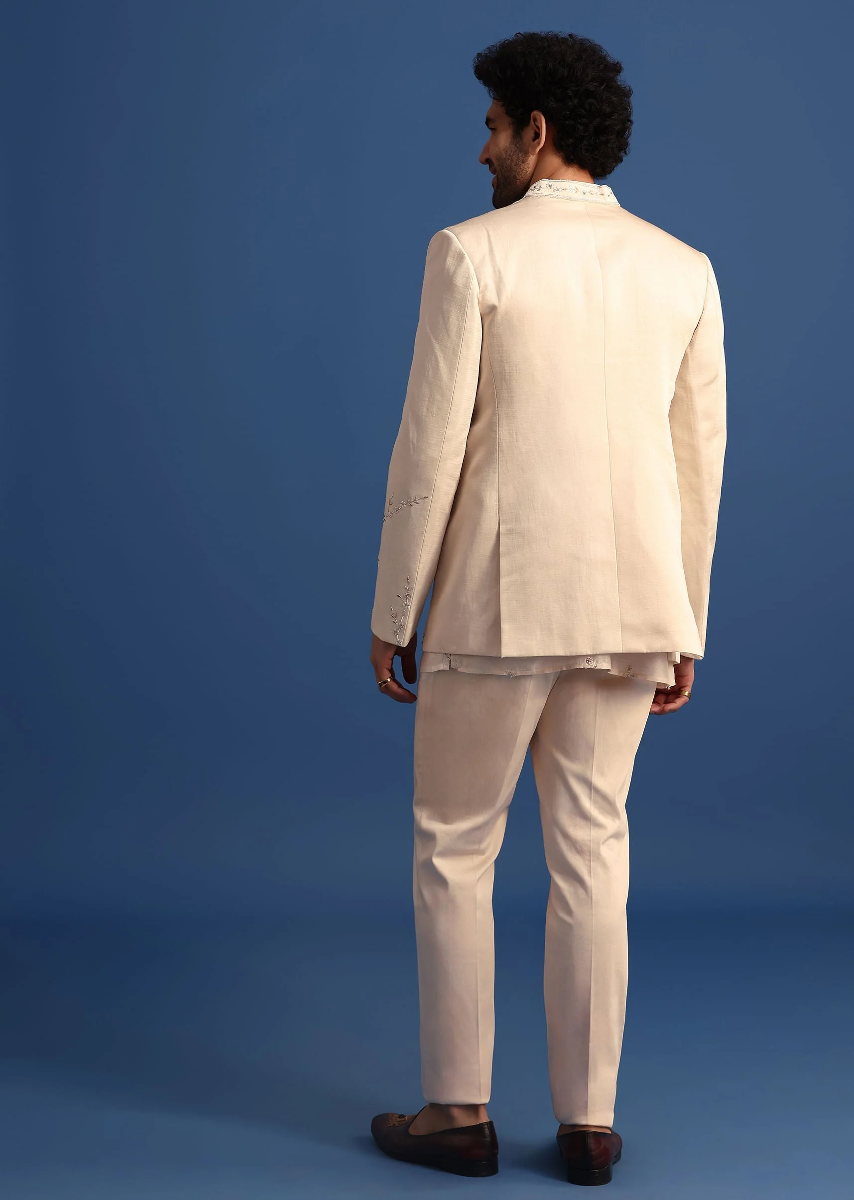 Off White Embroidered Linen Jodhpuri Suit - Image 5