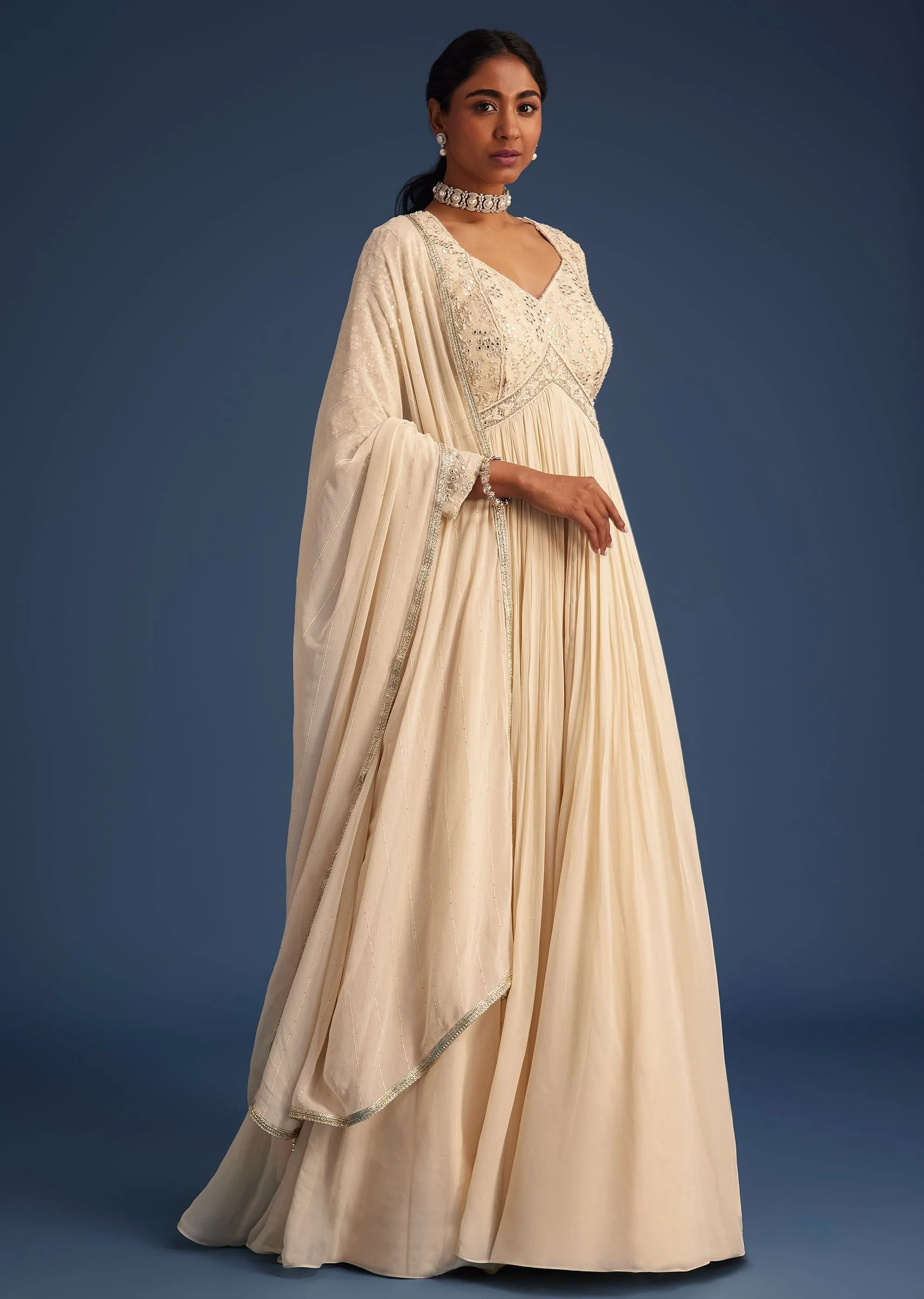 Off White Georgette Embellished Anarkali With Dupatta - Image 3