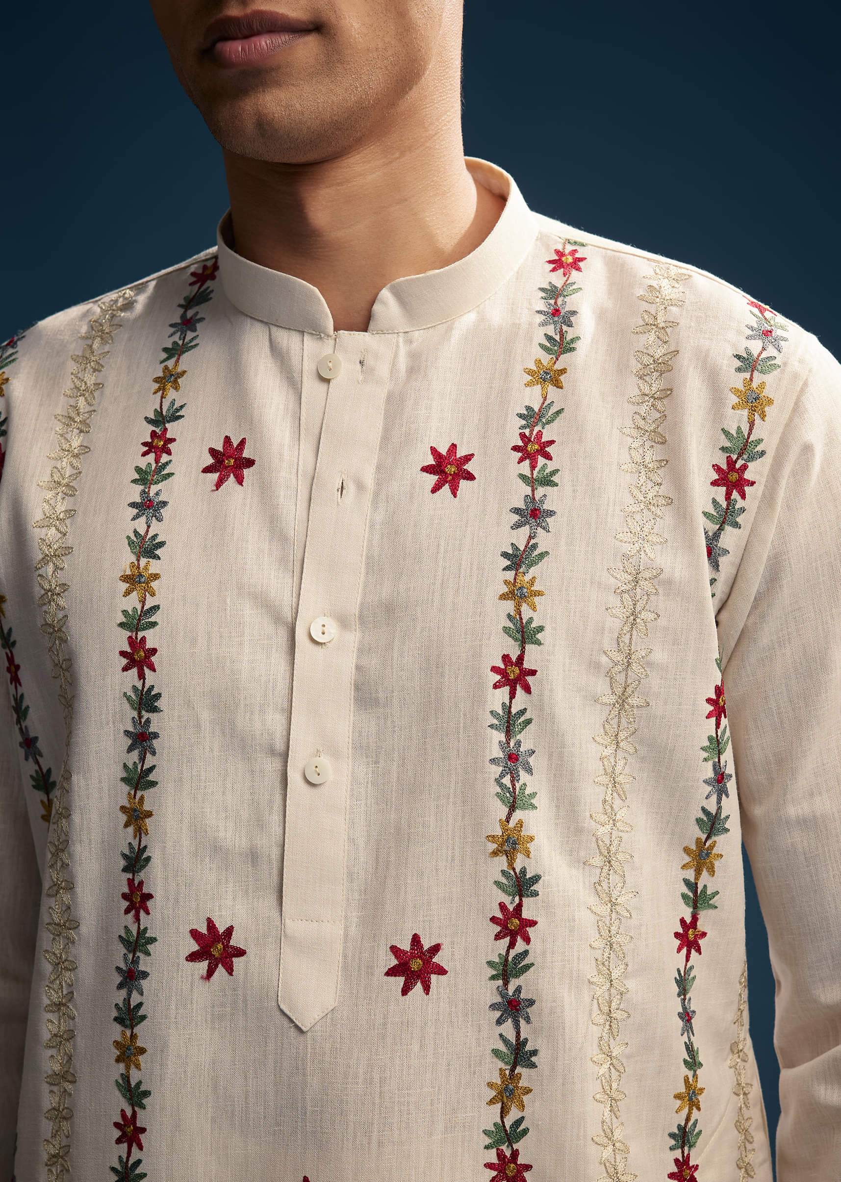 Off White Linen Kurta Set For Men With Resham Aari Work - Image 2