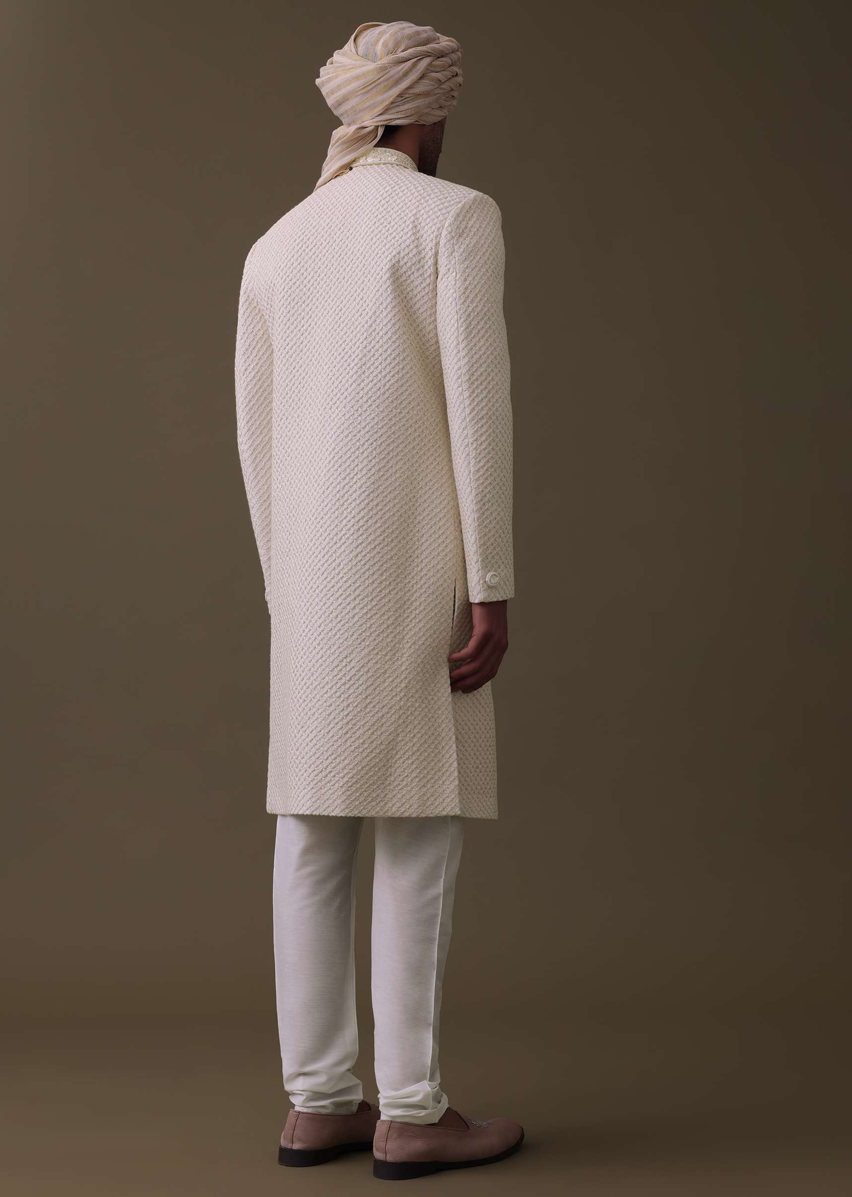 Off White Sherwani Set In Silk With Lucknowi Embroidery - Image 8