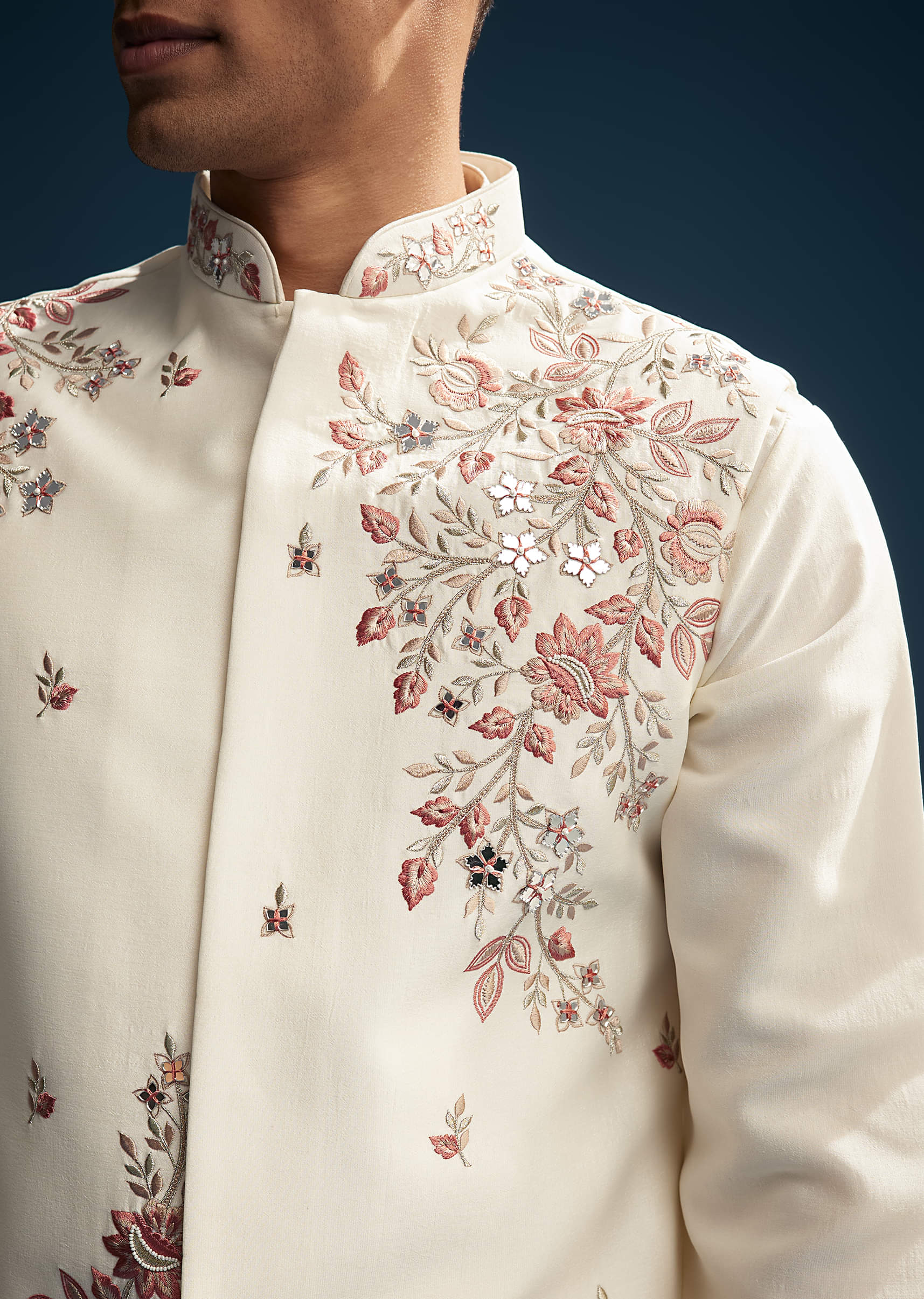 Off White Silk Kurta Jacket Set For Men With Heavy Embroidery - Image 2