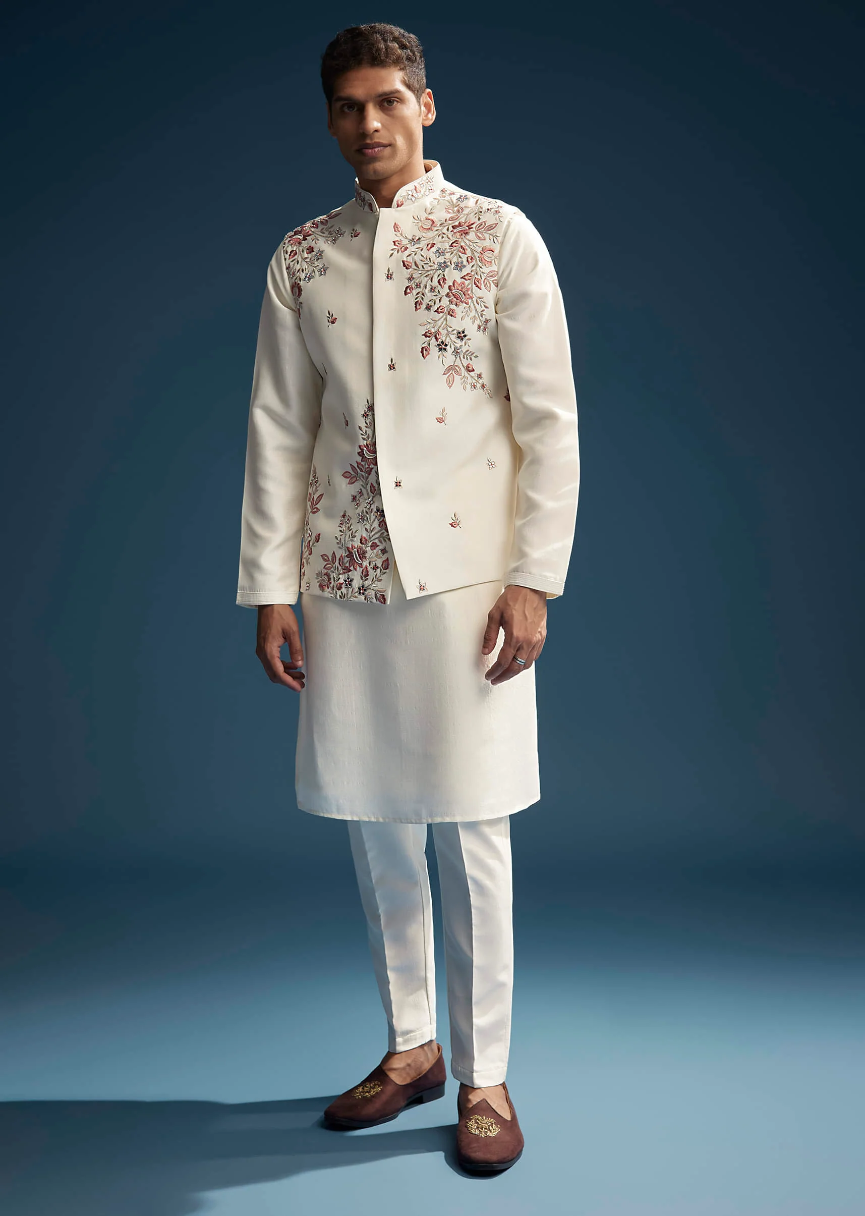 Off White Silk Kurta Jacket Set For Men With Heavy Embroidery - Image 3