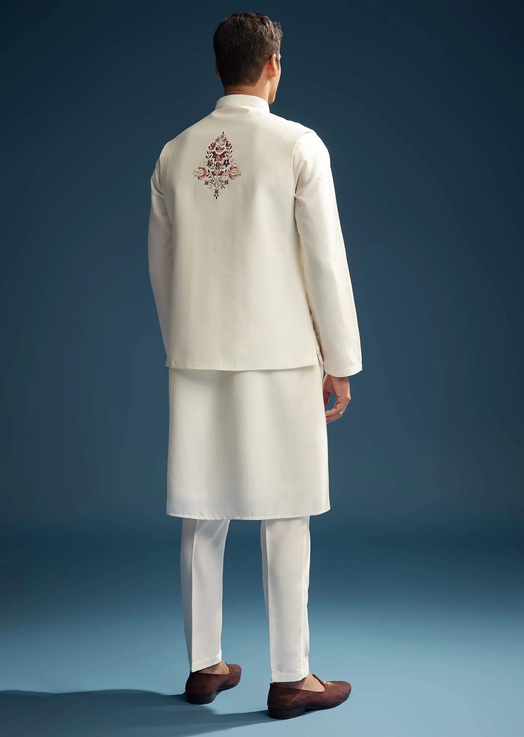 Off White Silk Kurta Jacket Set For Men With Heavy Embroidery - Image 5