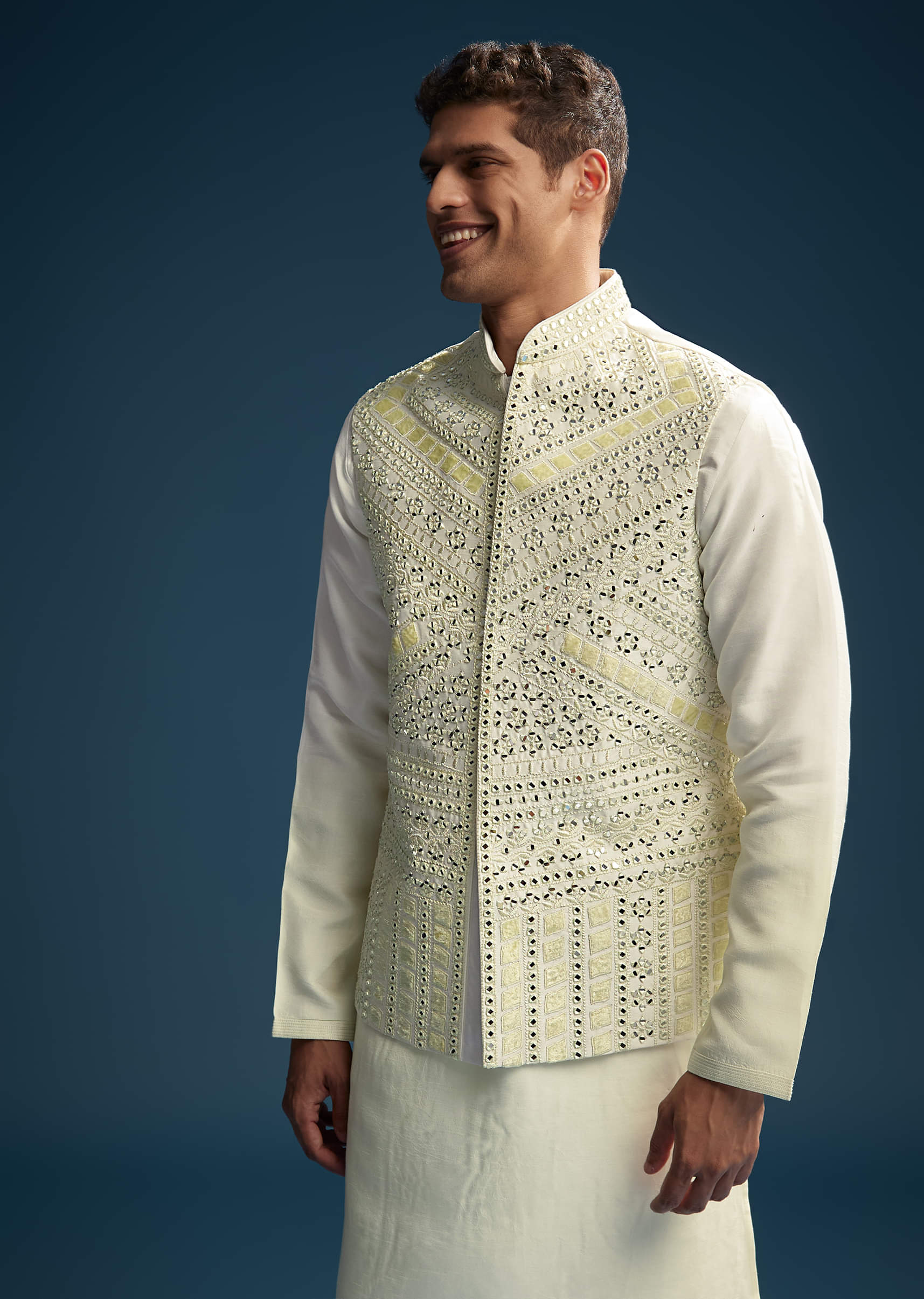 Off White Silk Kurta Jacket Set For Men With Mirror Embroidery