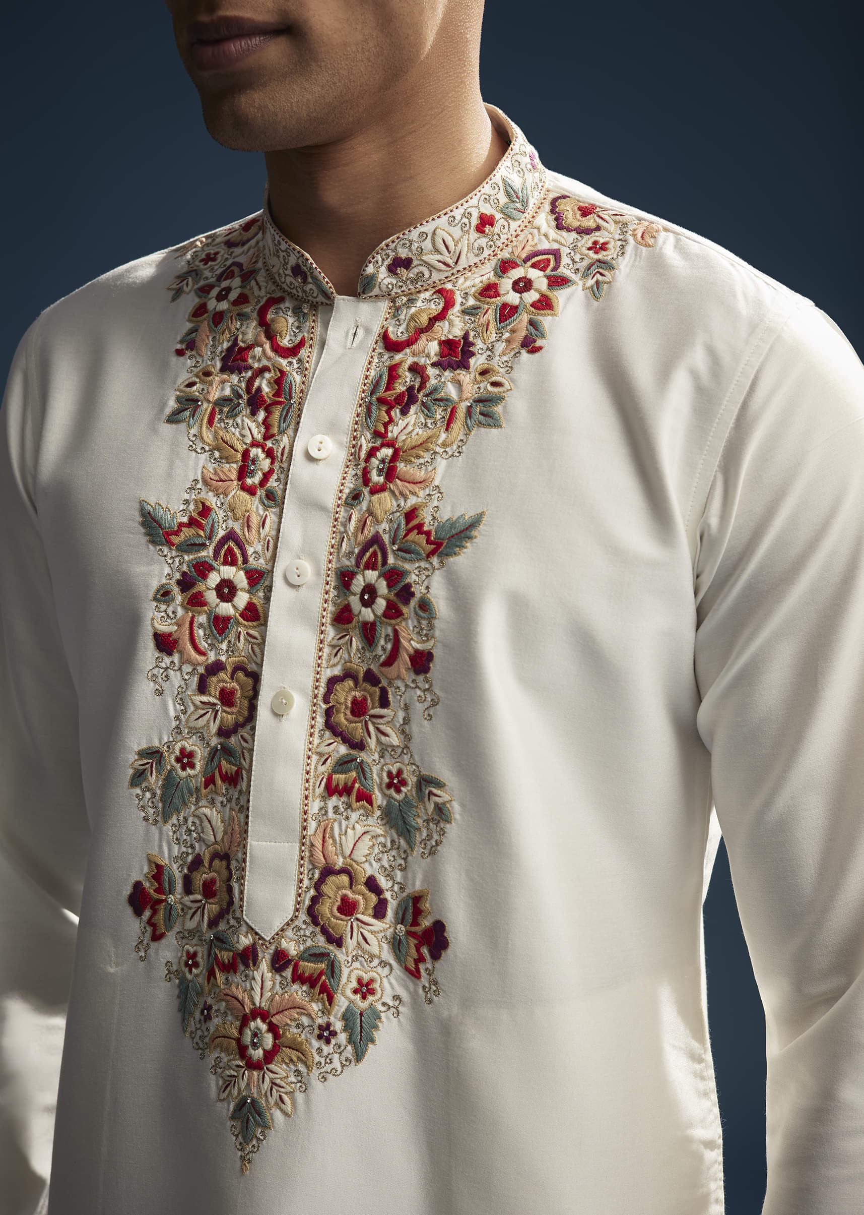 Off White Silk Kurta Set For Men With Resham Embroidery - Image 2