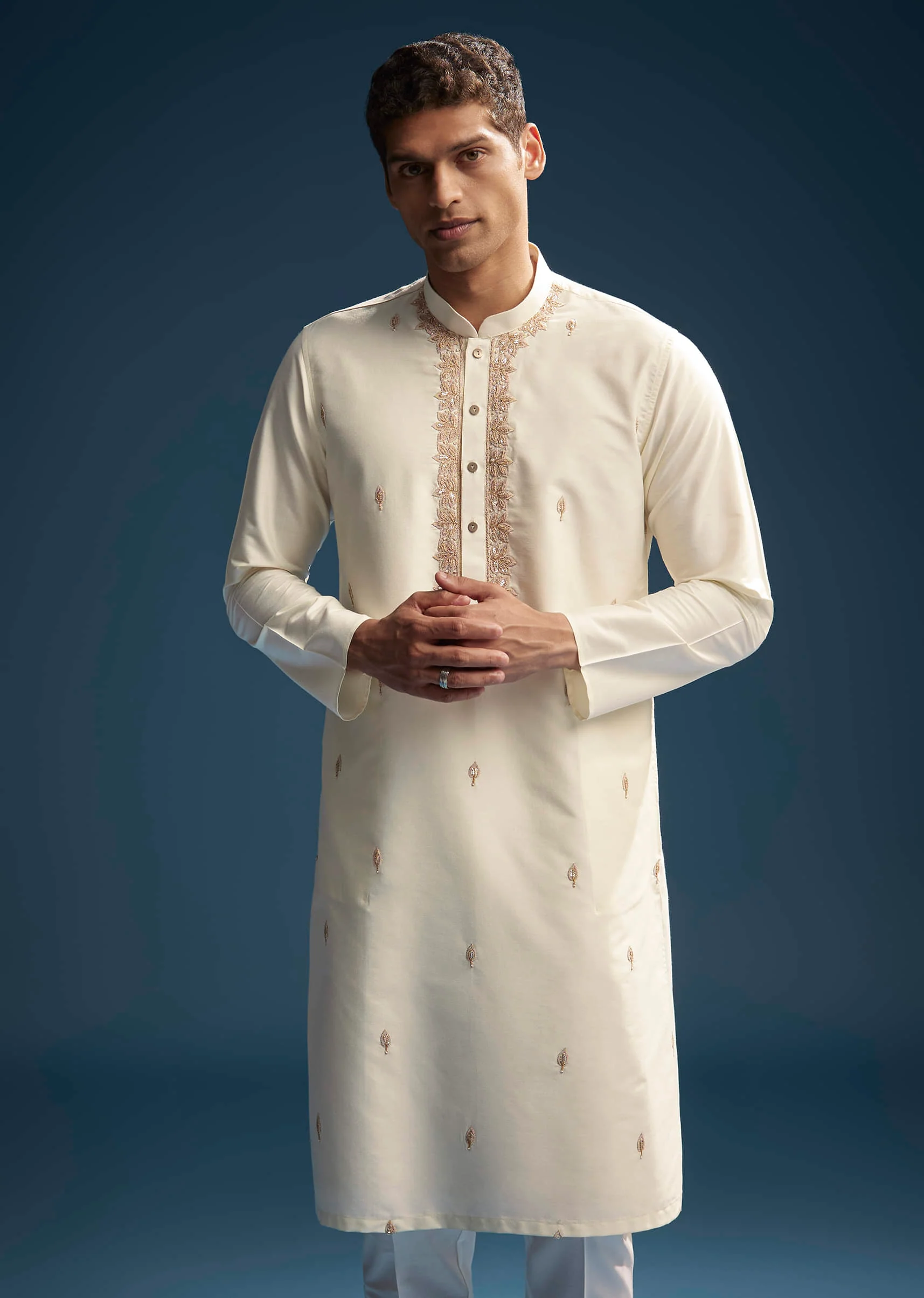 Off White Silk Kurta Set For Men With Zardosi And Aari Work - Image 3