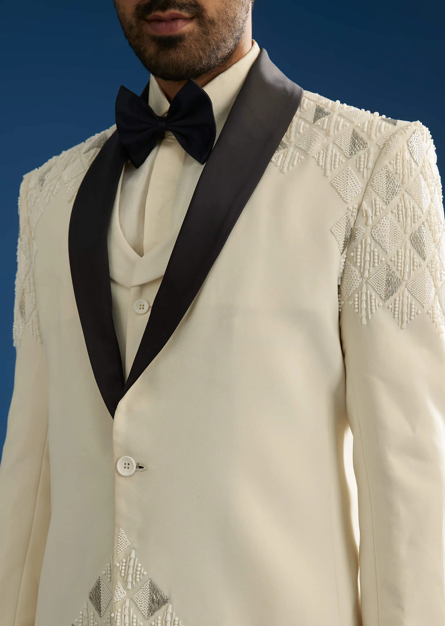 Off White Suiting Blazer Set With Beads And Cutdana Embroidery - Image 3