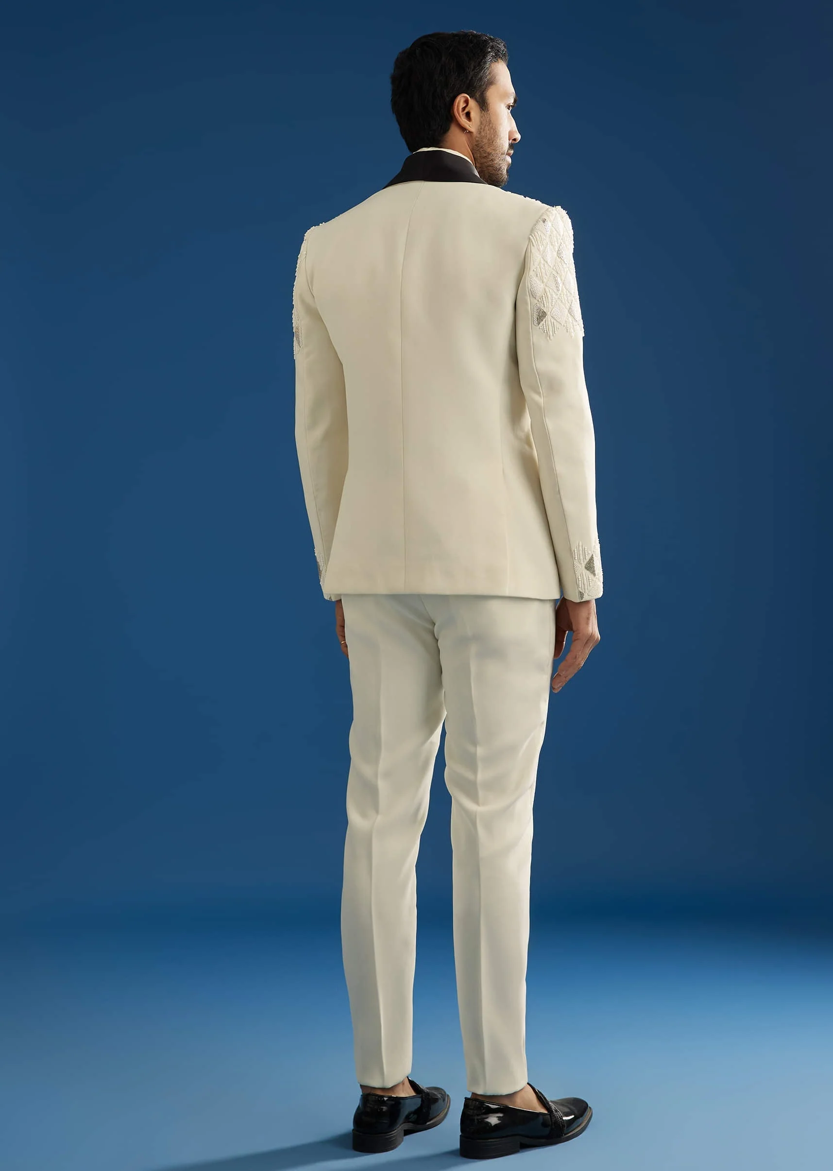 Off White Suiting Blazer Set With Beads And Cutdana Embroidery - Image 4