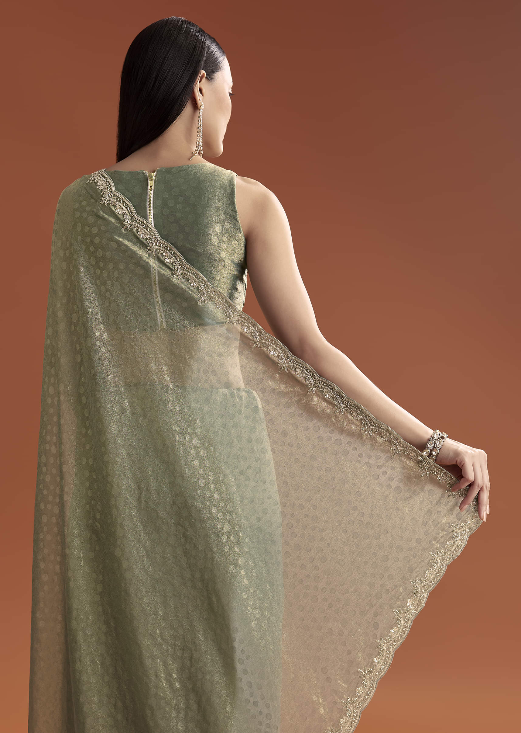 Olive Green Jacquard Saree With Stone And Sequin Embroidery - Image 7
