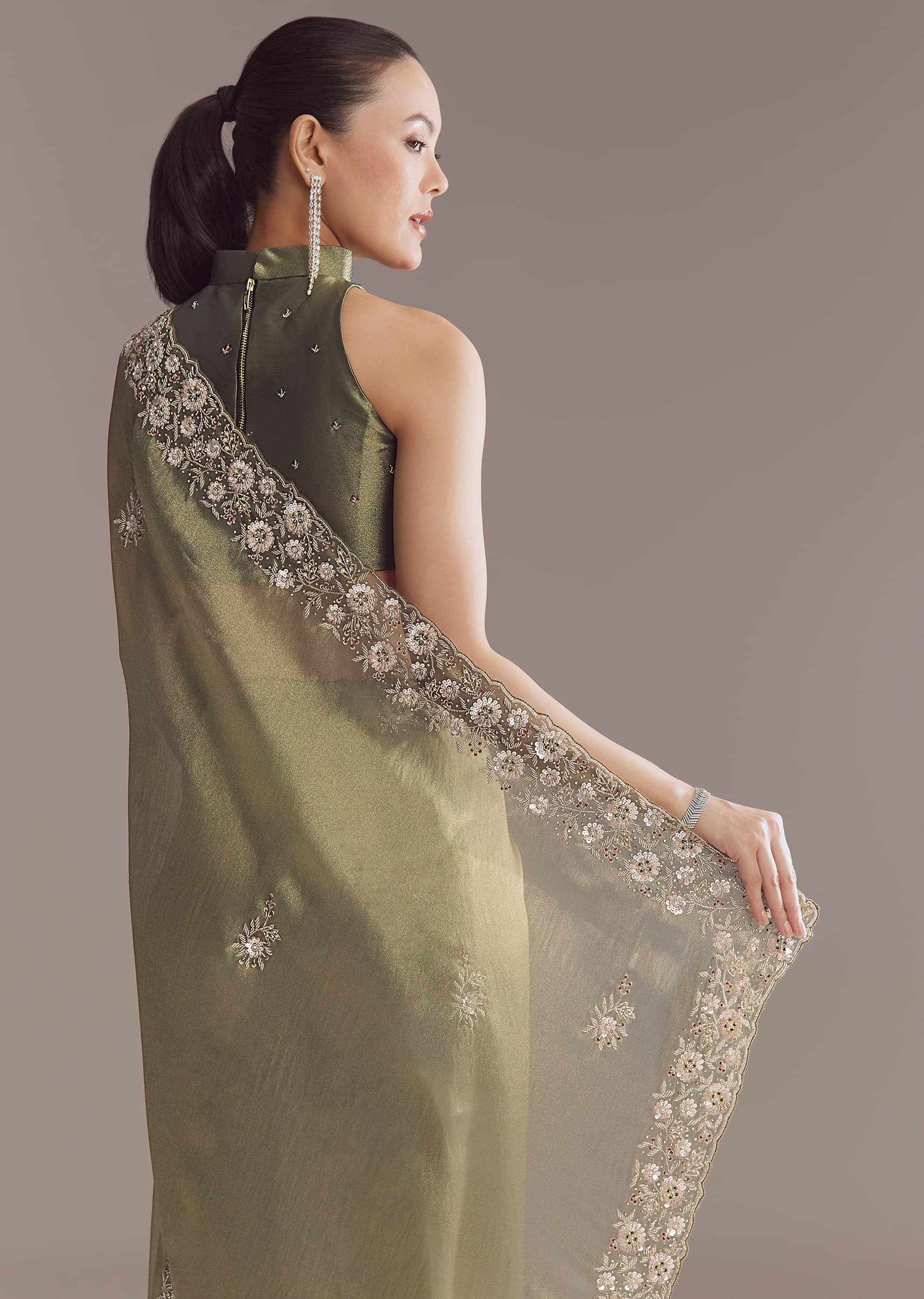 Olive Green Tissue Saree With Zari And Stone Embroidery - Image 5