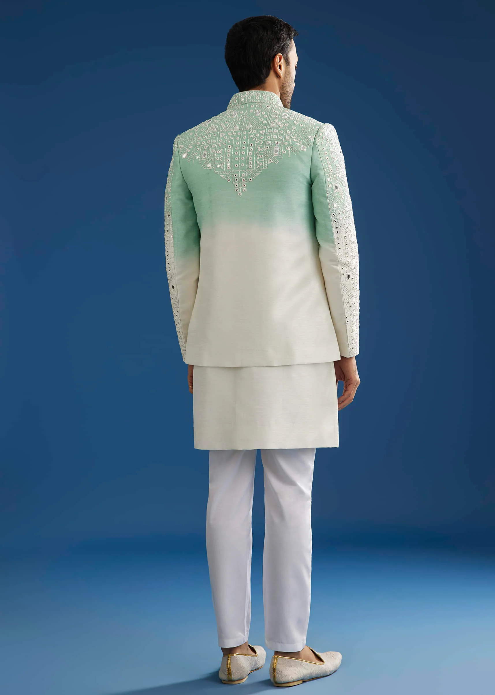 Ombre Green Silk Indo Western Jacket Set With Mirror And Thread Work - Image 4