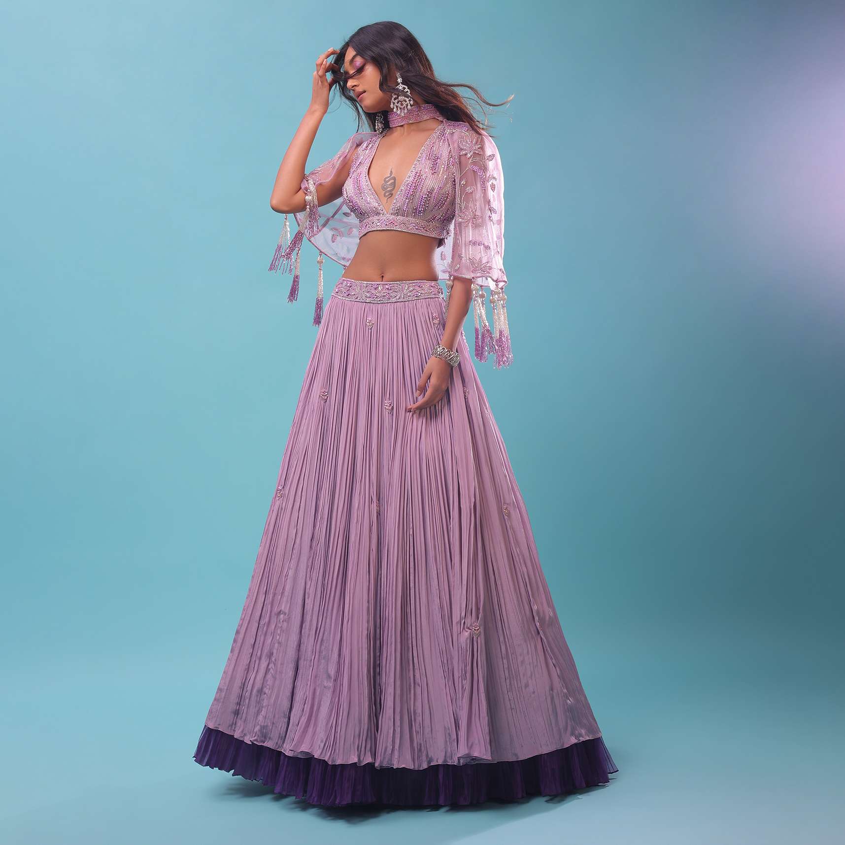 Ombre Lehenga And Crop Top In Moti Cut An Dana Embroidery, Cape Jacket In Tassels Fringes At The Border - Image 2