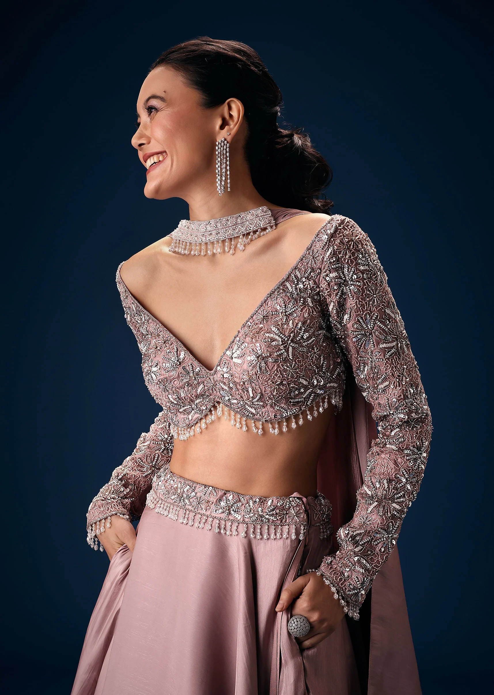 Onion Pink Embroidered Blouse With Lehenga And Choker Dupatta - Image 4