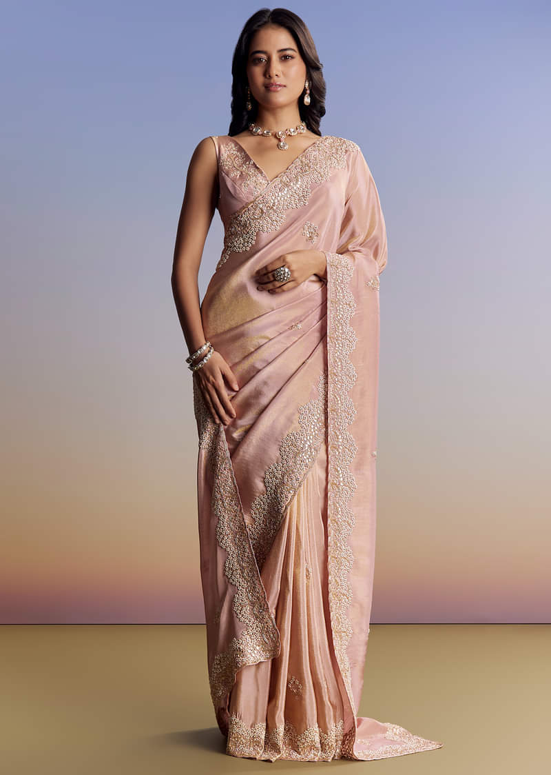 Onion Pink Tissue Saree With Gota Patti Moti And Cutdana Scallop Border - Image 3