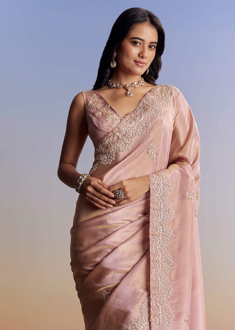 Onion Pink Tissue Saree With Gota Patti Moti And Cutdana Scallop Border - Image 5