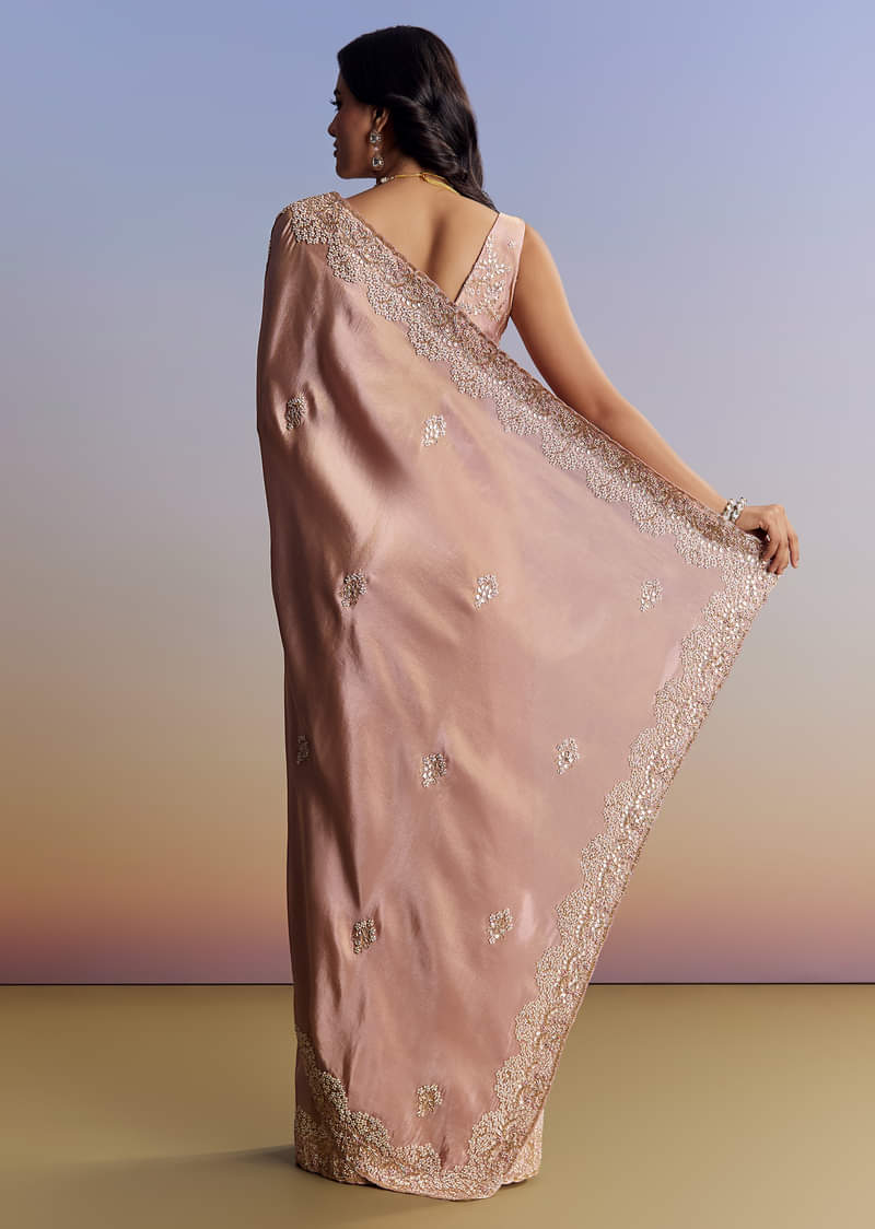 Onion Pink Tissue Saree With Gota Patti Moti And Cutdana Scallop Border - Image 6