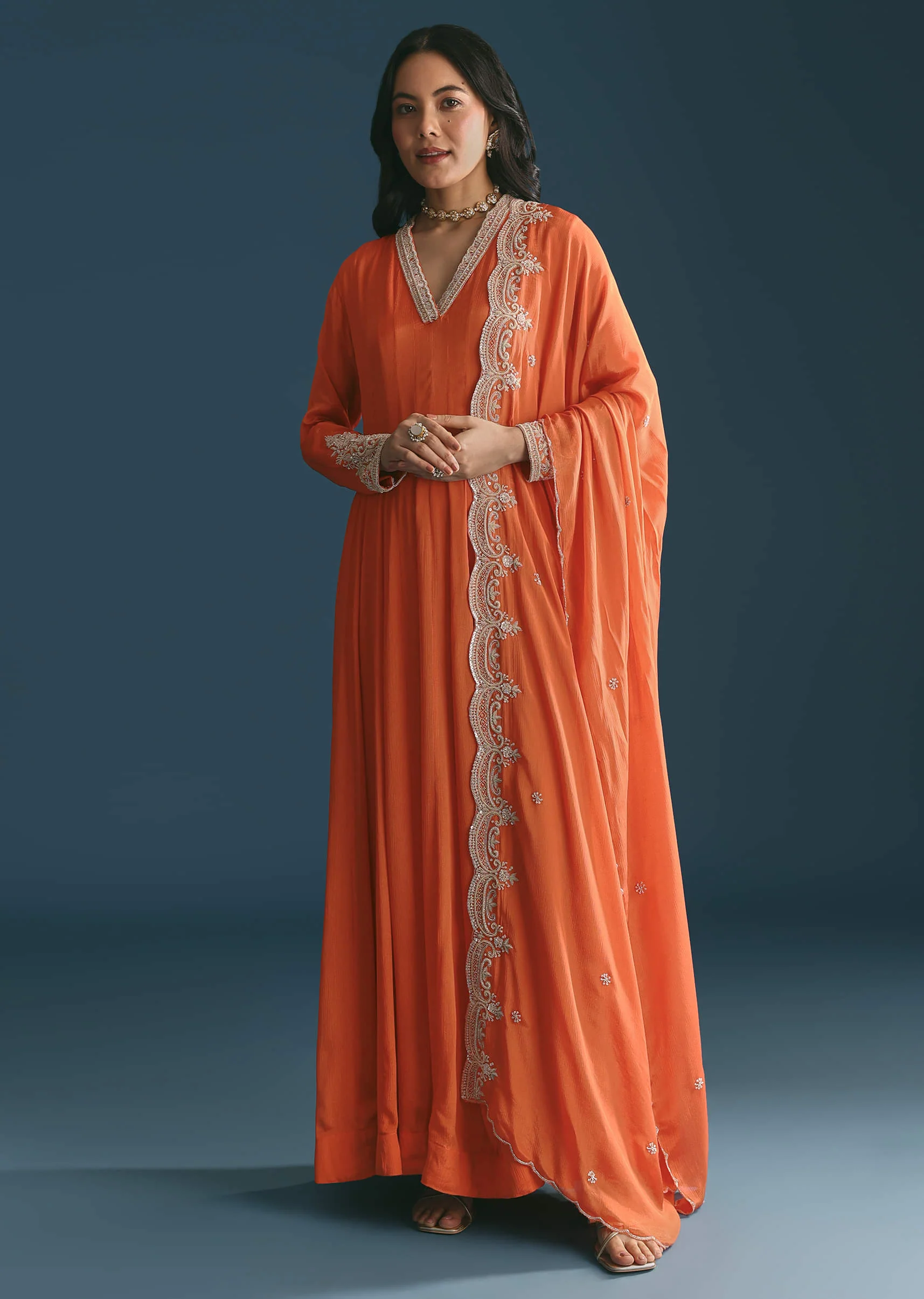 Orange Chinon Anarkali Suit With Embroidered Dupatta - Image 2