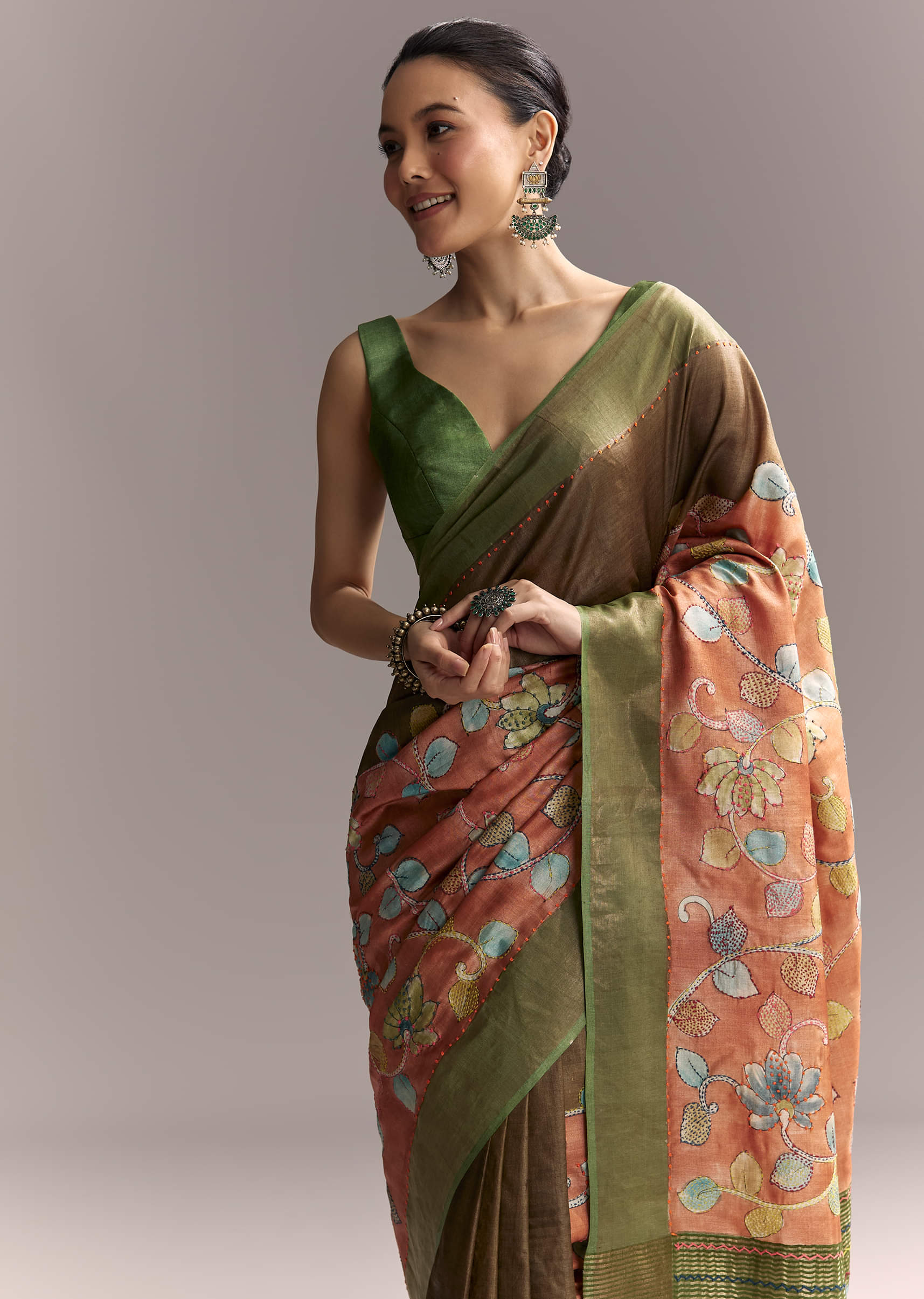 Orange Cotton Saree With Hand Painted Motifs And Green Border - Image 5