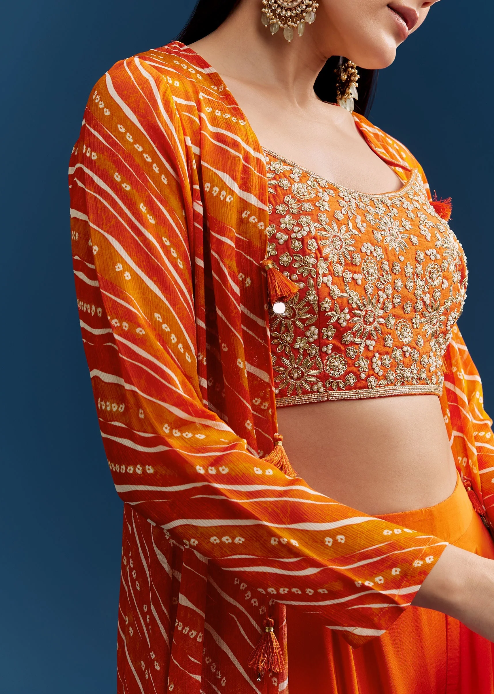 Orange Crop Top Palazzo Set With Printed Chinon Jacket And Zardosi Work - Image 2