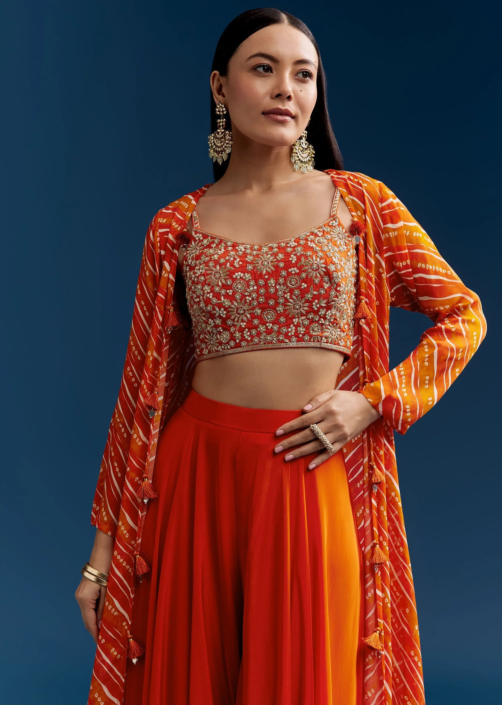 Orange Crop Top Palazzo Set With Printed Chinon Jacket And Zardosi Work - Image 4