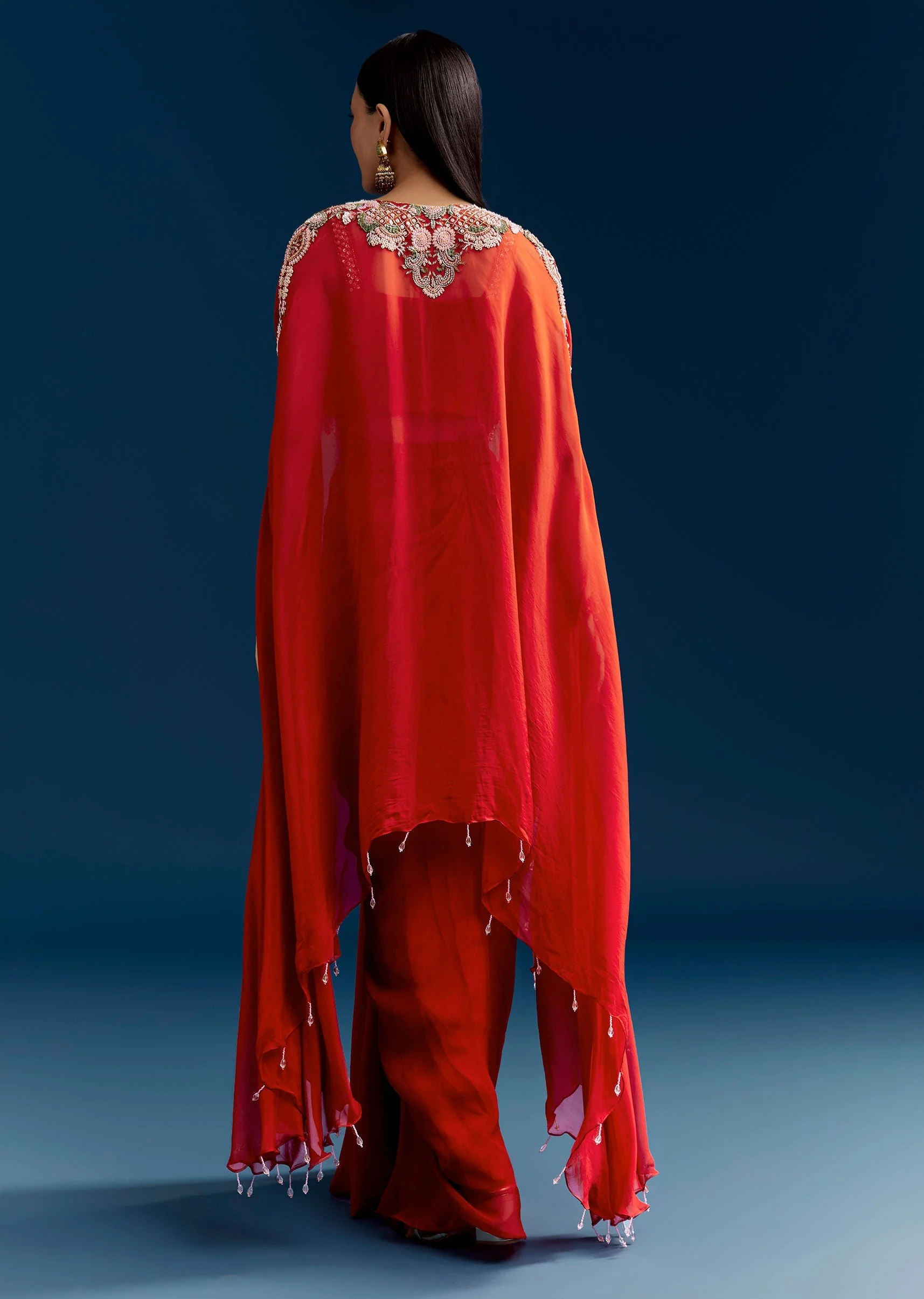 Orange Crop Top Skirt Set With Embroidered Cape - Image 5