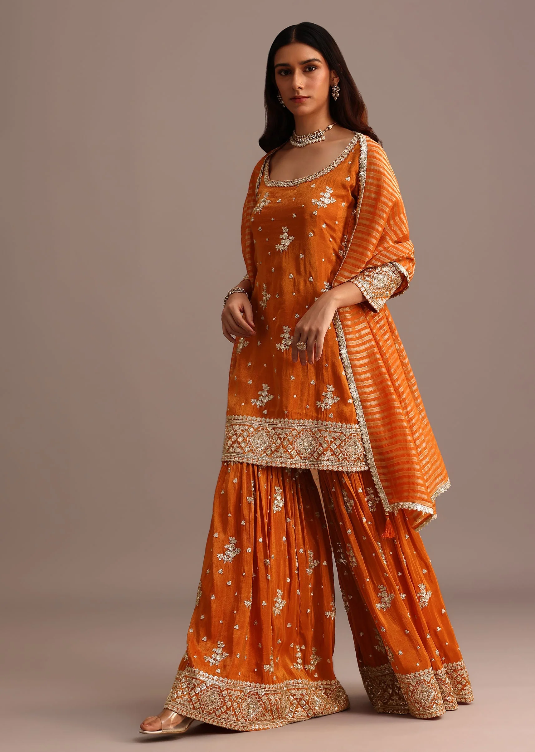 Orange Sequins Kurti Sharara Set With Chanderi Banarasi Dupatta - Image 3