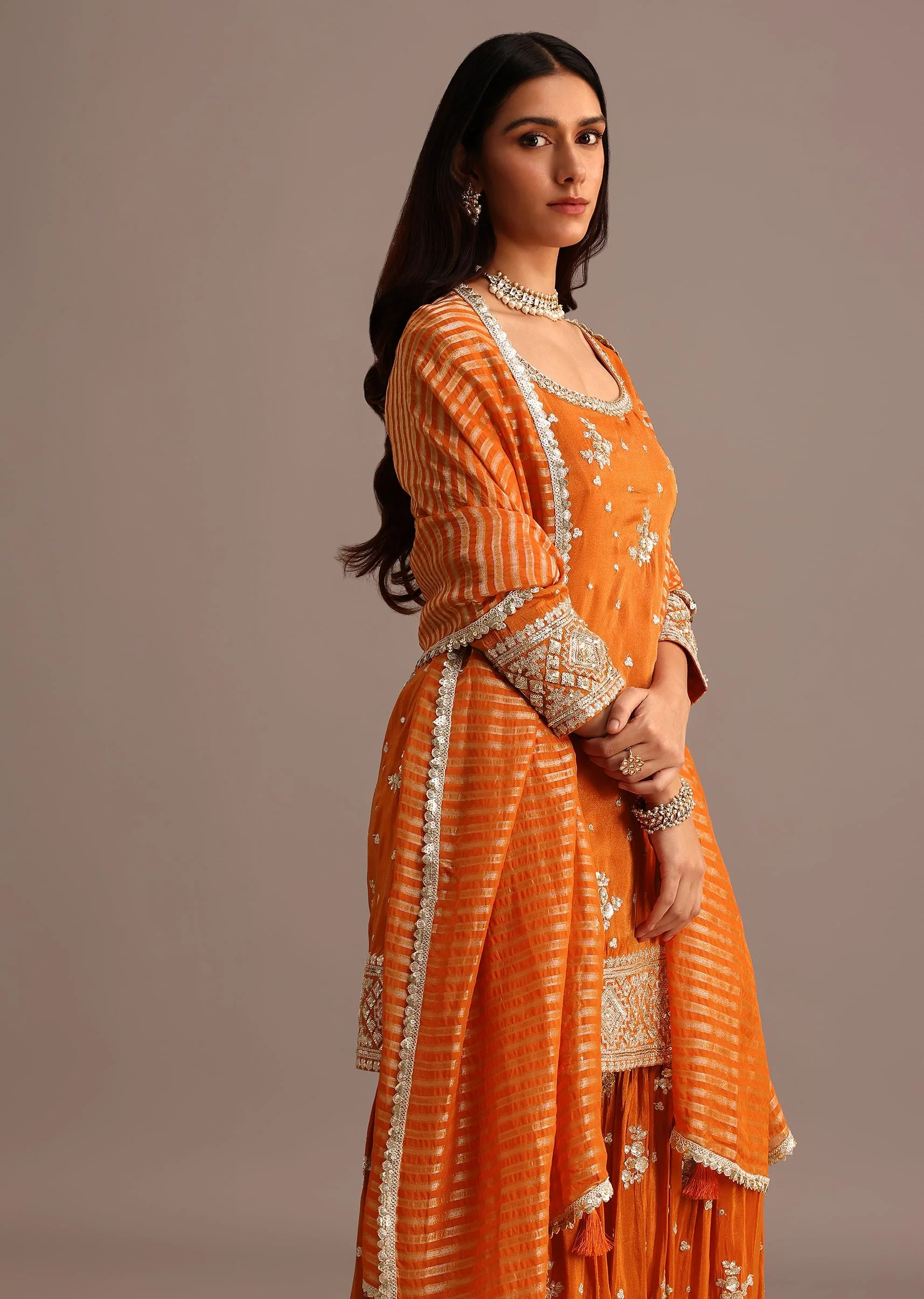 Orange Sequins Kurti Sharara Set With Chanderi Banarasi Dupatta - Image 4