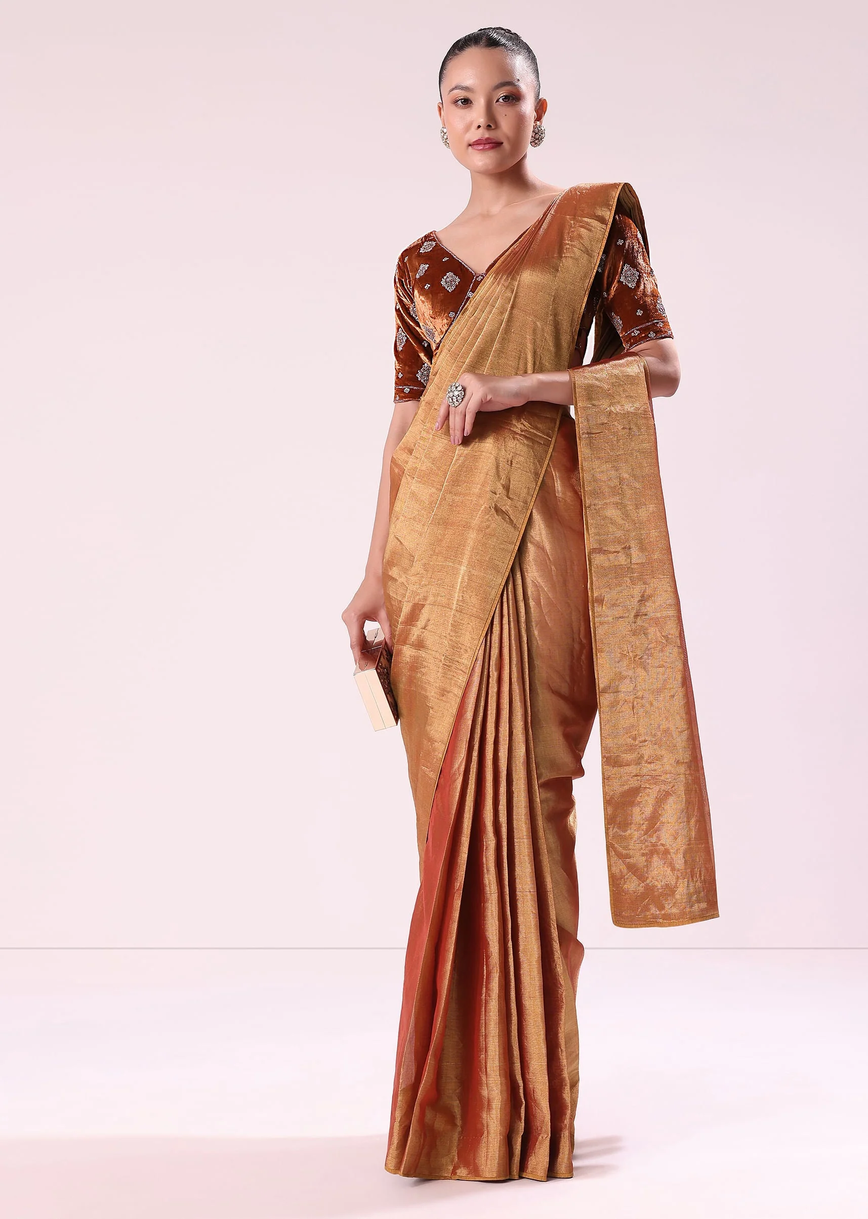 Orange Tissue Saree With Embroidered Rust Orange Stitched Blouse - Image 2