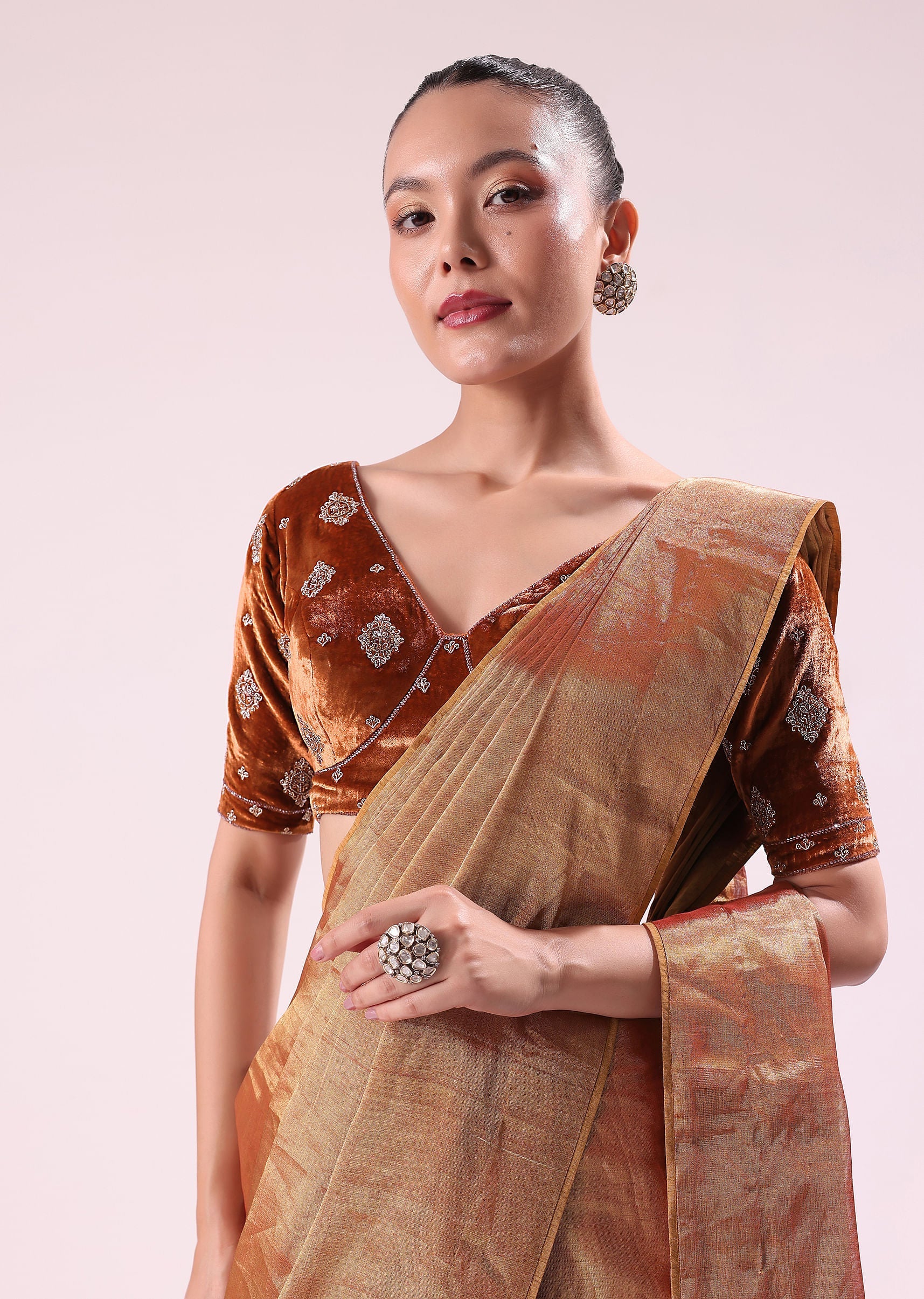 Orange Tissue Saree With Embroidered Rust Orange Stitched Blouse - Image 3
