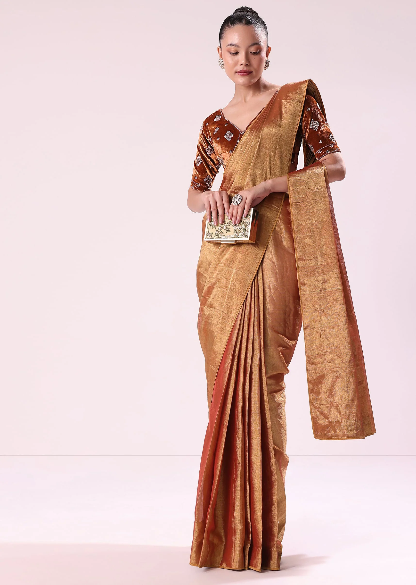 Orange Tissue Saree With Embroidered Rust Orange Stitched Blouse - Image 4