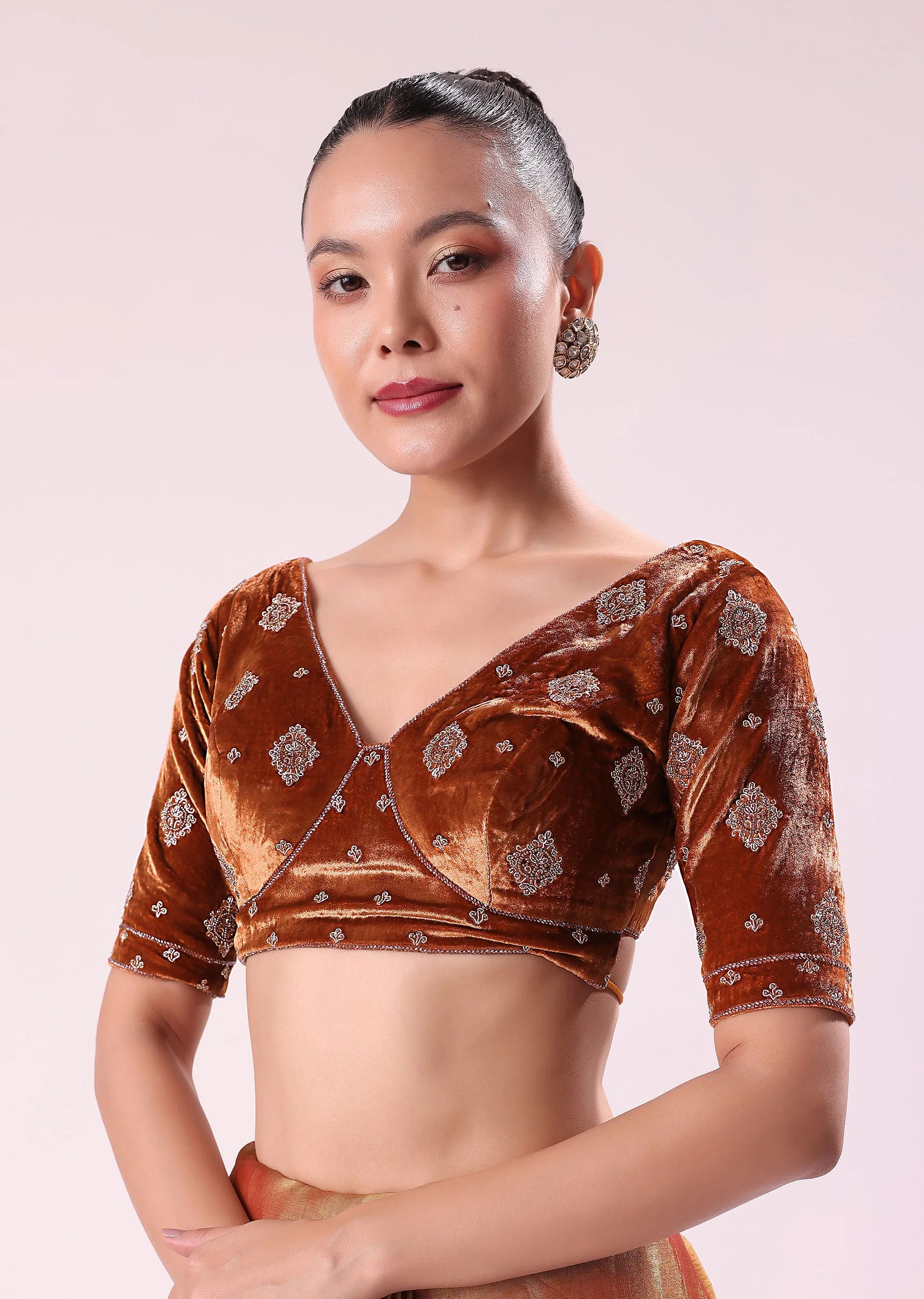 Orange Tissue Saree With Embroidered Rust Orange Stitched Blouse - Image 6