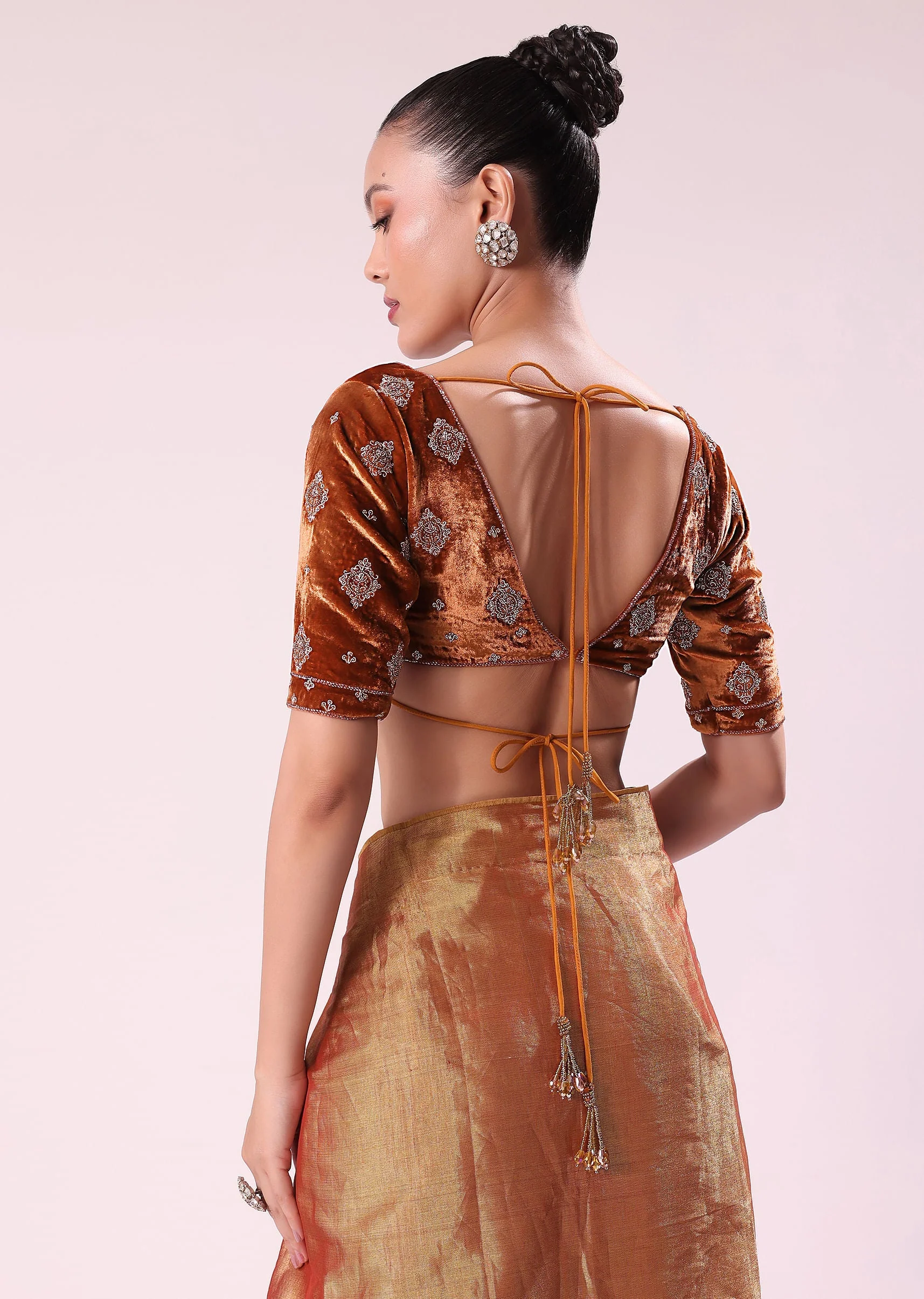 Orange Tissue Saree With Embroidered Rust Orange Stitched Blouse - Image 7