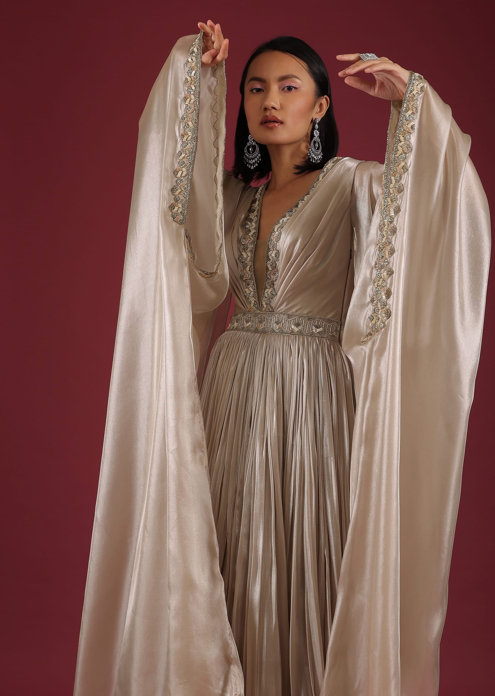 Oyster Organza Gown In Wide Sleeves, Crafted In Tissue Organza In A Deep V Neckline - Image 4