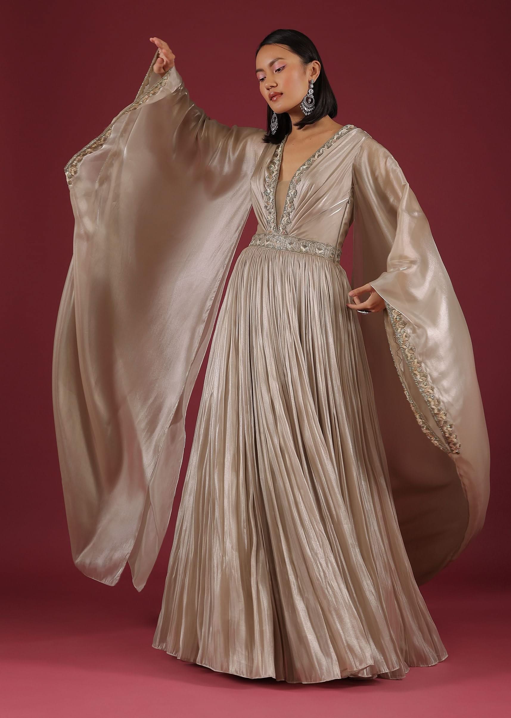 Oyster Organza Gown In Wide Sleeves, Crafted In Tissue Organza In A Deep V Neckline - Image 5