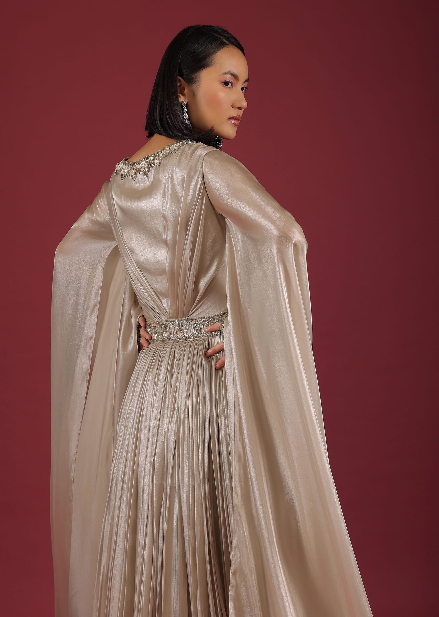 Oyster Organza Gown In Wide Sleeves, Crafted In Tissue Organza In A Deep V Neckline - Image 9