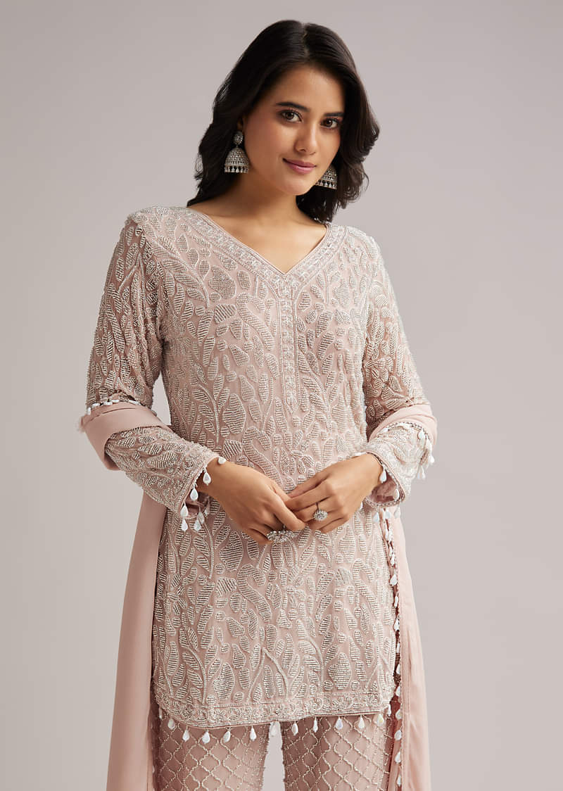 Pale Pink Beaded Kurti Pant Set With Dupatta - Image 4