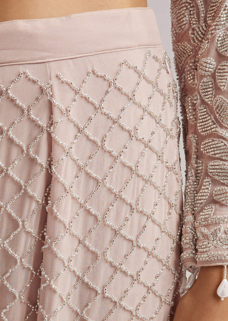 Pale Pink Beaded Kurti Pant Set With Dupatta - Image 6