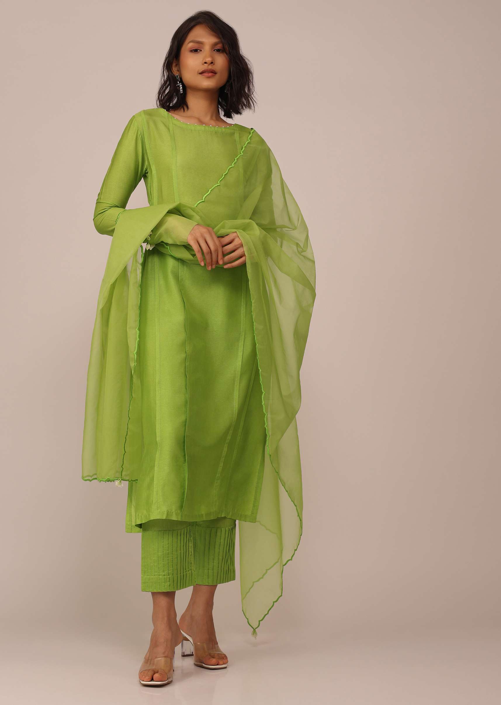 Parrot Green Suit Set In Art Silk With Tassels On The Sleeves - Image 4