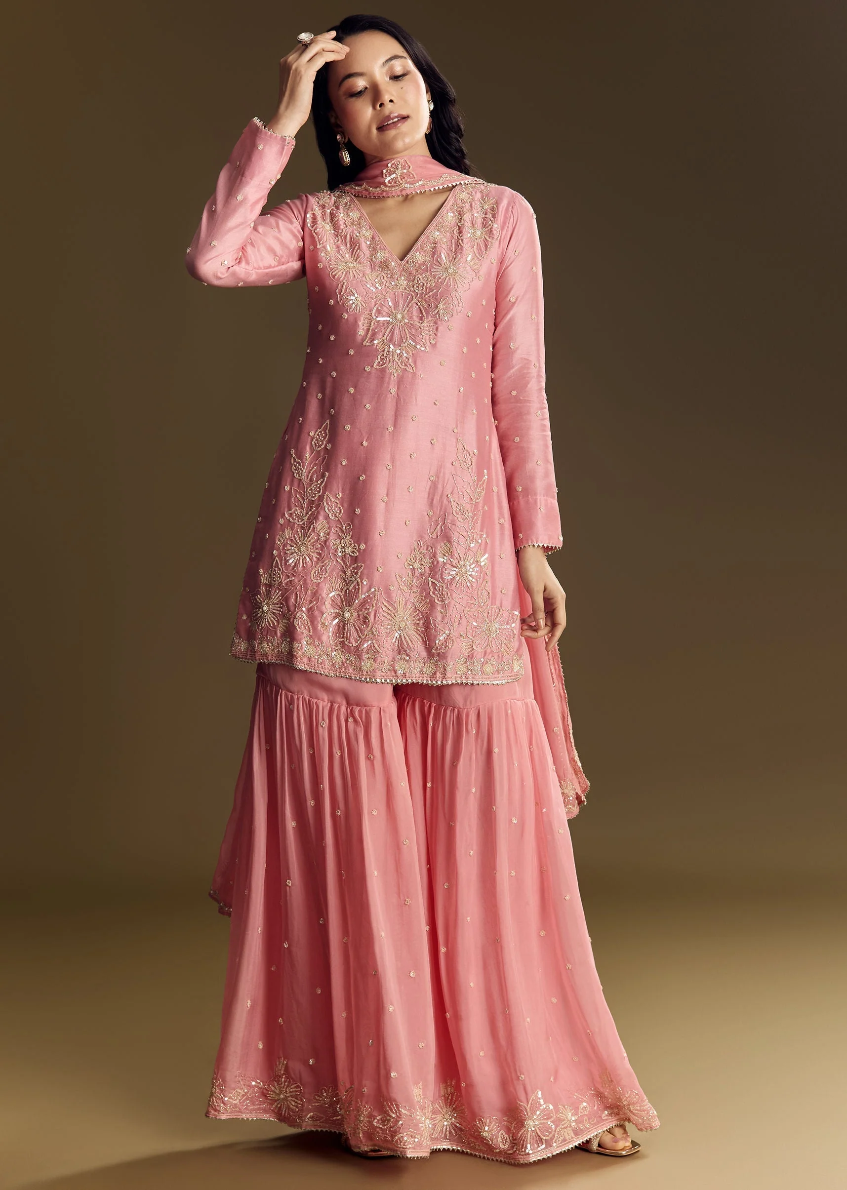 Pastel Pink Chanderi Sharara Suit With Cut Dana Sequins