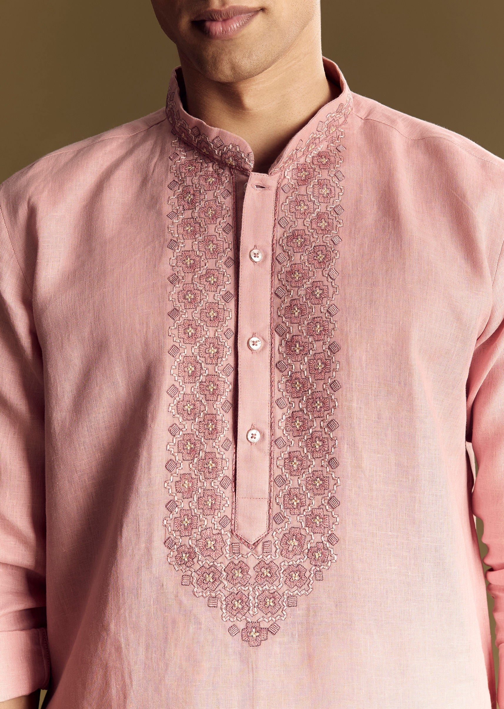 Pastel Pink Linen Kurta Set - Image 3
