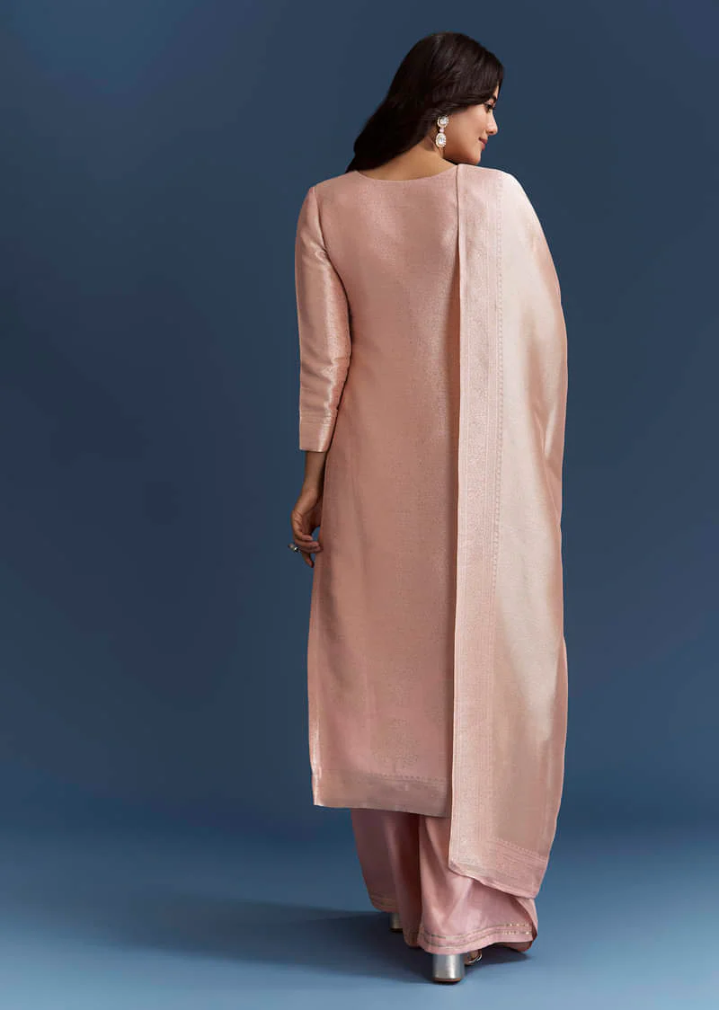 Peach Banarasi Tissue Kurta Set With Zardosi Neckline - Image 5