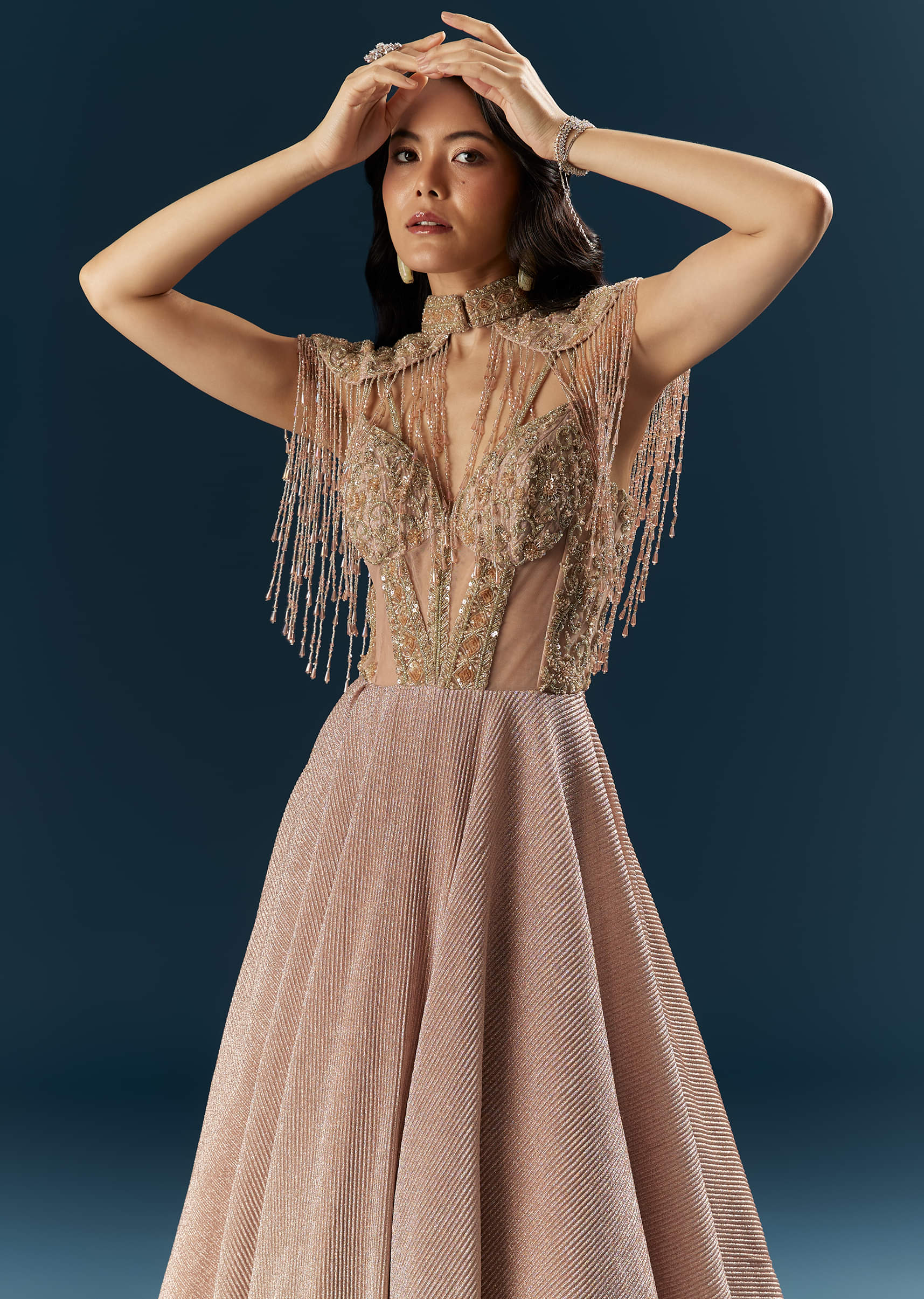 Peach Crepe Bridal Gown With Heavy Embroidery - Image 5