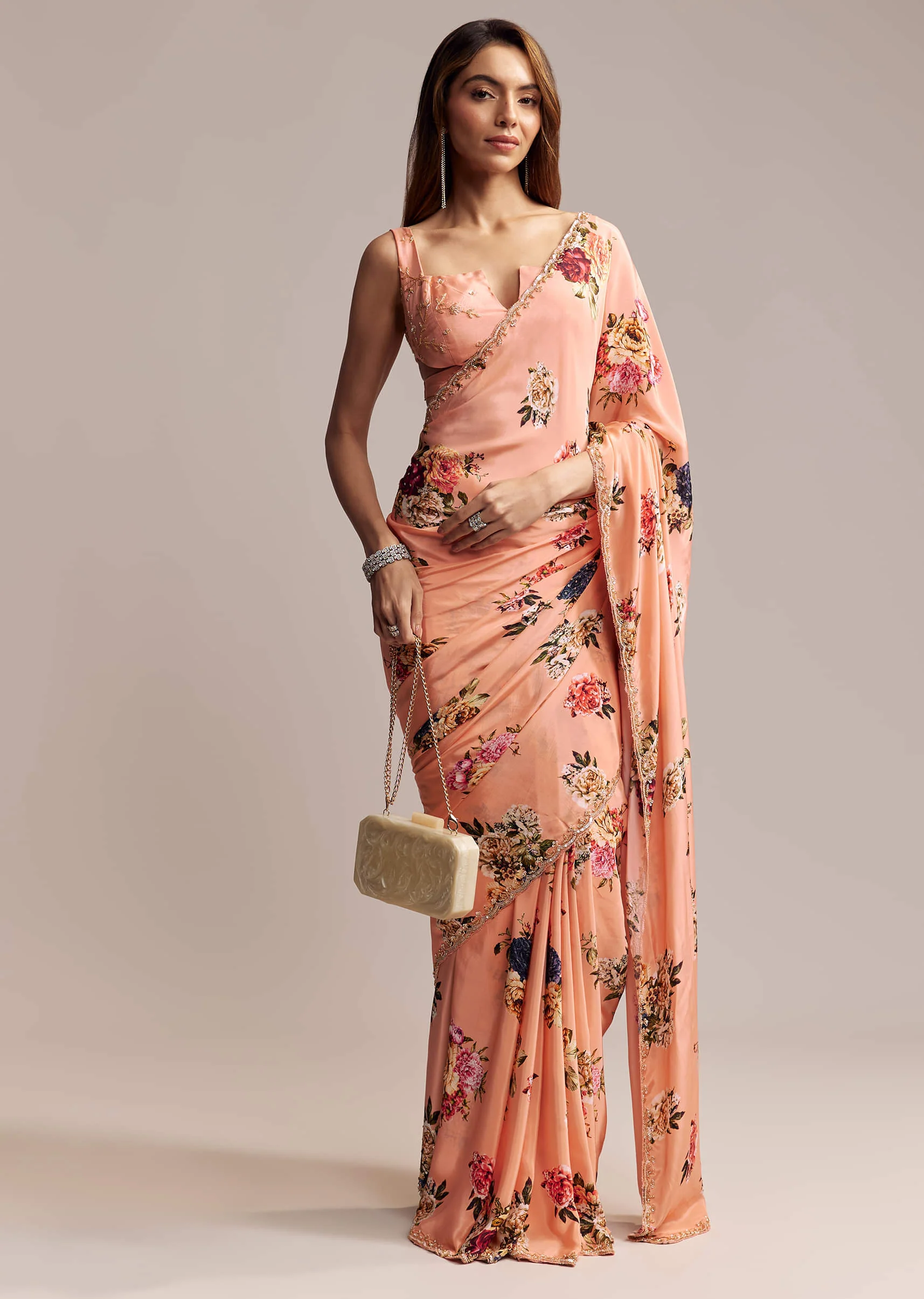 Peach Crepe Saree With Digital Print And Sequins Embroidery - Image 9