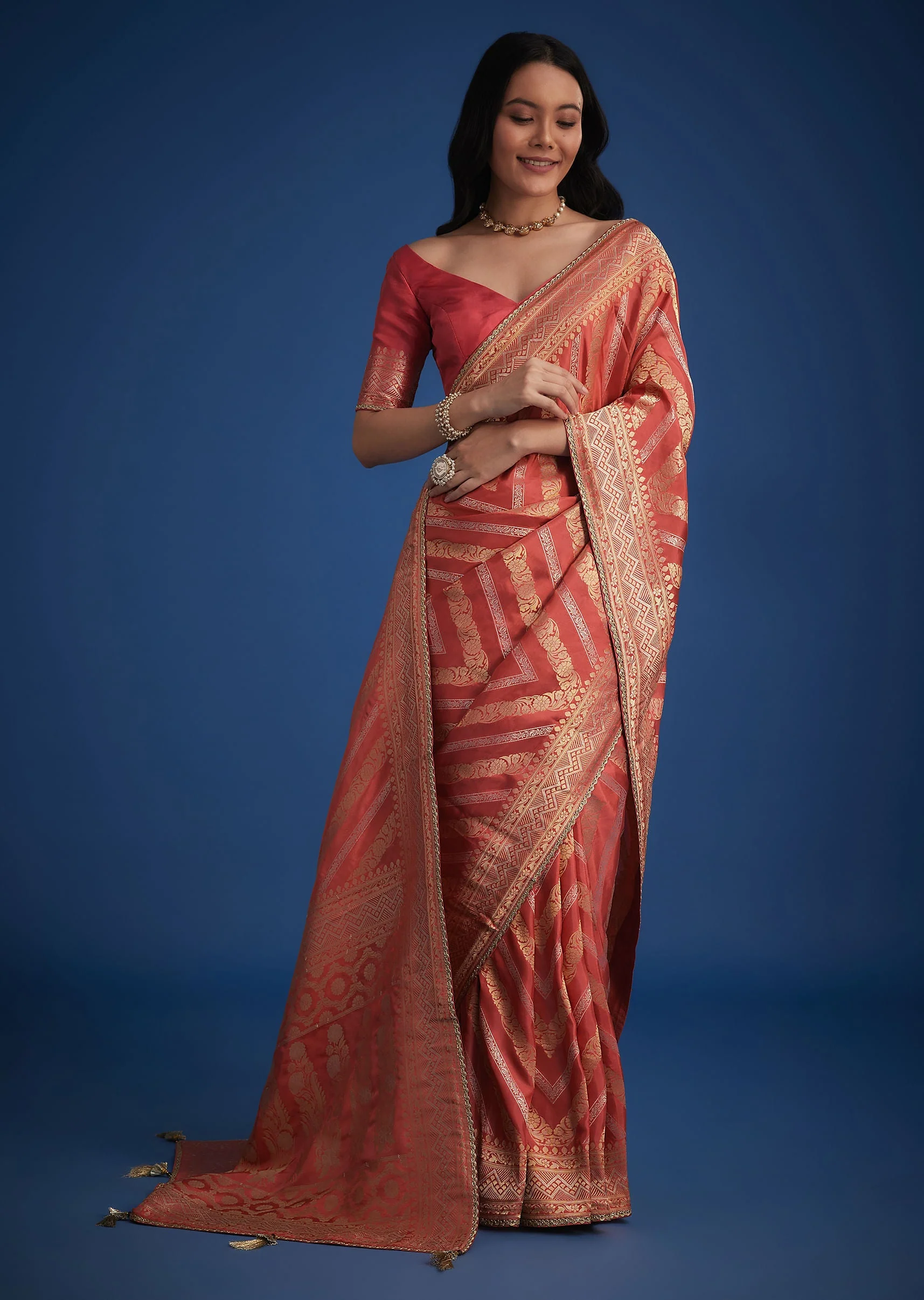 Peach Dola Silk Saree With Zari Work And Gota Patti Border - Image 3