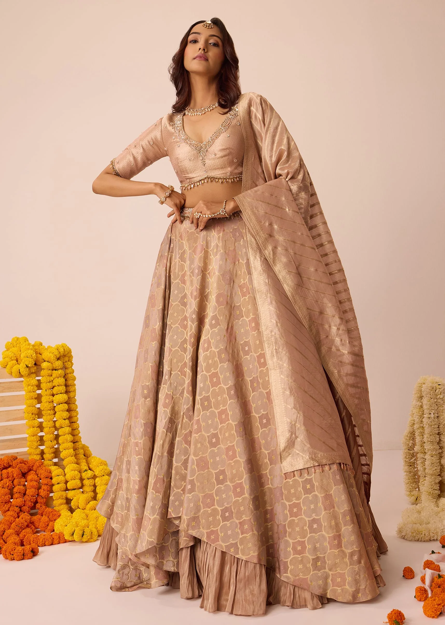 Peach Embroidered Blouse With Ruching Lehenga And Tassel Dupatta - Image 3