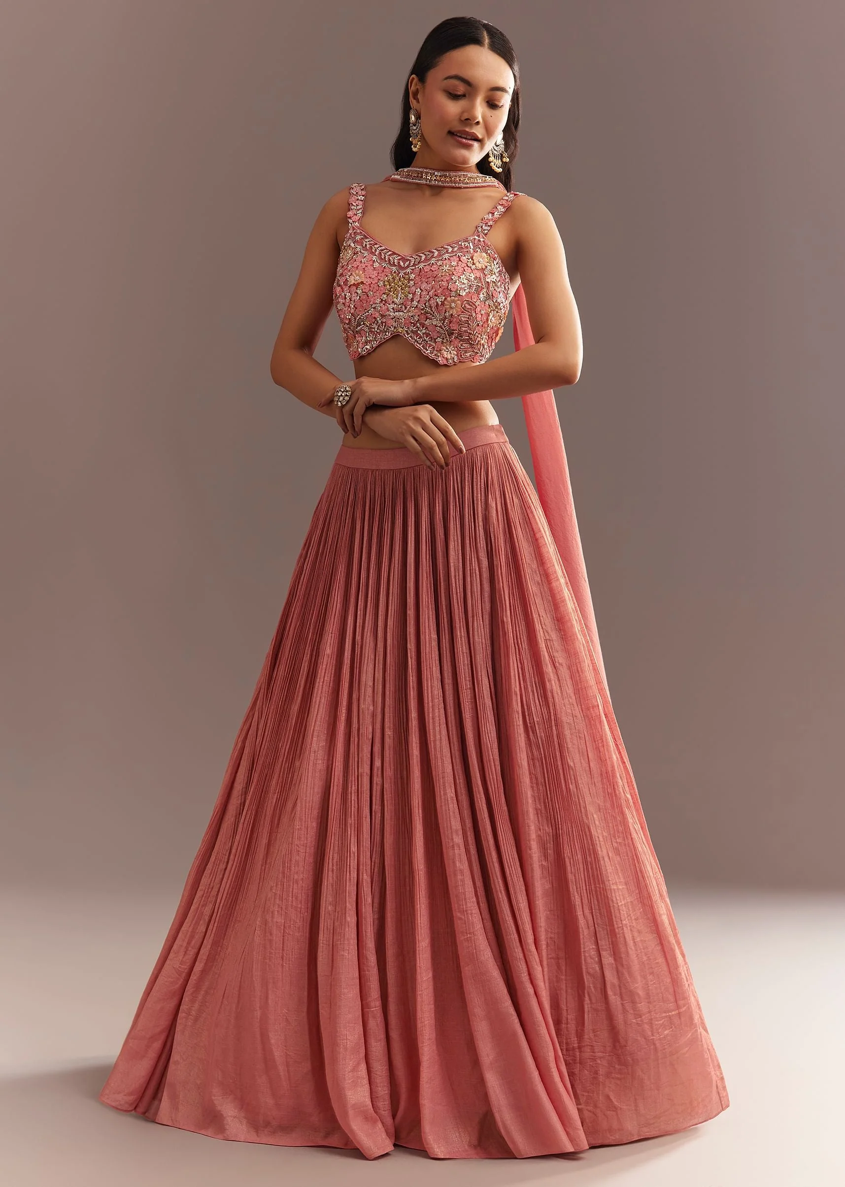 Peach French Tissue Lehenga Choli With Choker Dupatta - Image 3